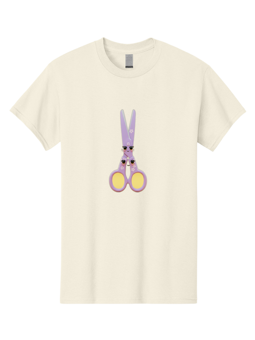 Scissors-Character-1 Men'S Graphic Tee, 100% Cotton, Comfortable Casual Summer Wear, Machine Washable, Cartoon Scissors, Cute, Kawaii, Pastel Purple, Yellow Finger Holes, White Flowers, Cute Faces, Googly Eyes Bad520