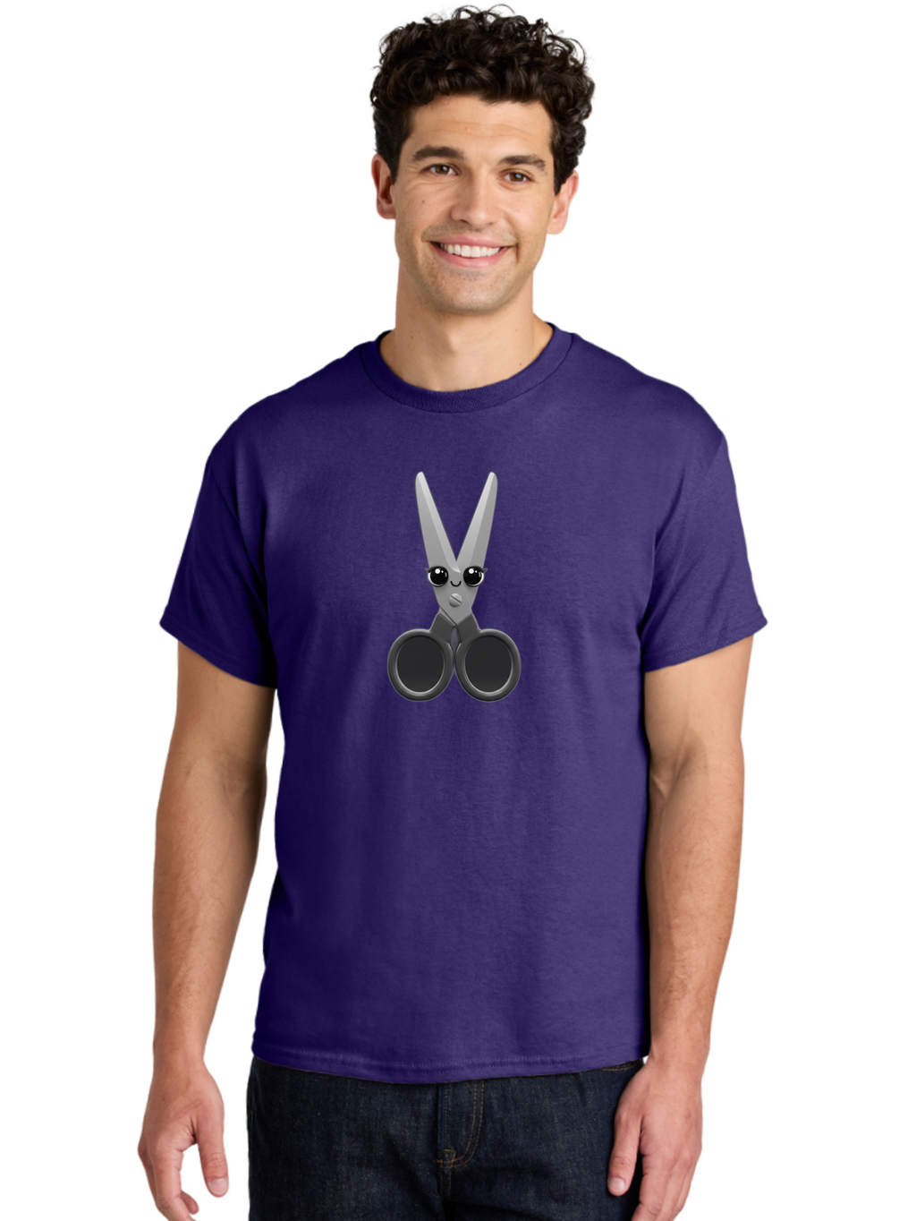 Scissors-Character-2 Men'S Graphic Tee, 100% Cotton, Comfortable Casual Summer Wear, Machine Washable, Cartoon Scissors, Cute Face, Large Eyes, Silver Blades, Black Handles, Office Supplies, Crafting Tools, Creative Design Bad521