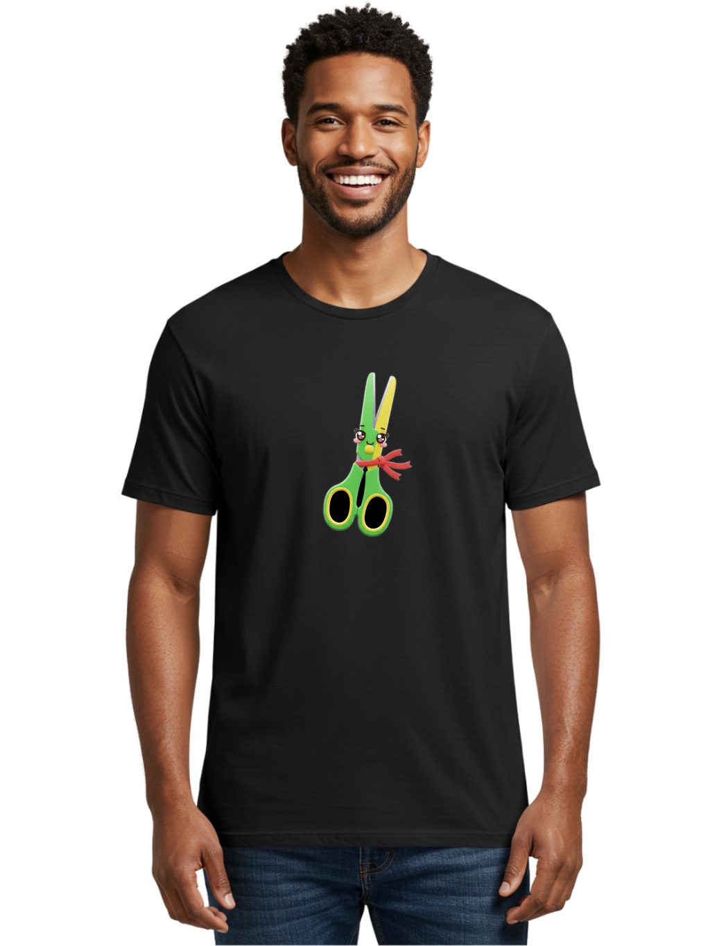 Scissors-Character Men'S Graphic Tee, 100% Cotton, Comfortable Casual Summer Wear, Machine Washable, Cartoon Scissors, Kawaii Character, Cute Design, Red Bow Tie, Yellow Accents, Black Eyes, Whimsical Art, Fun Illustration Bad522