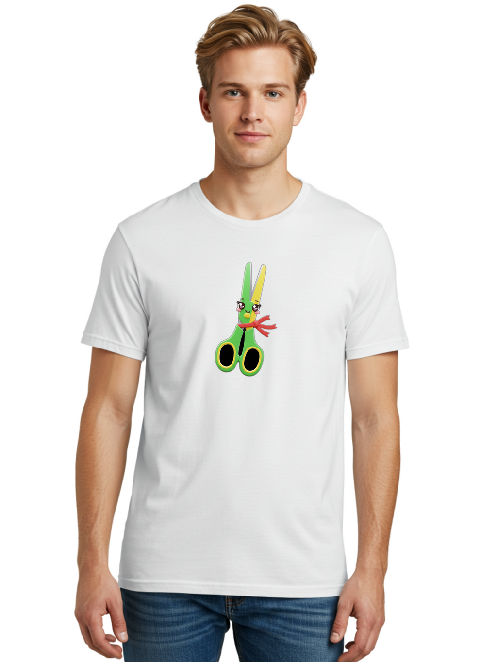 Scissors-Character Men'S Graphic Tee, 100% Cotton, Comfortable Casual Summer Wear, Machine Washable, Cartoon Scissors, Kawaii Character, Cute Design, Red Bow Tie, Yellow Accents, Black Eyes, Whimsical Art, Fun Illustration Bad522