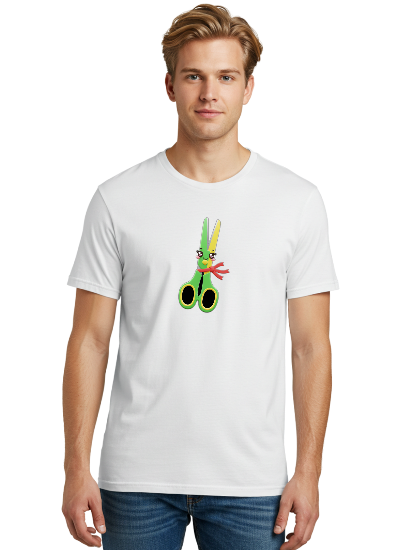 Scissors-Character Men'S Graphic Tee, 100% Cotton, Comfortable Casual Summer Wear, Machine Washable, Cartoon Scissors, Kawaii Character, Cute Design, Red Bow Tie, Yellow Accents, Black Eyes, Whimsical Art, Fun Illustration Bad522