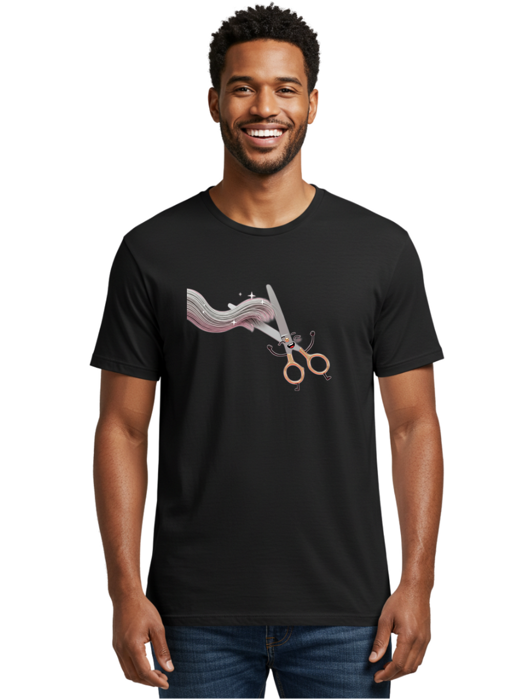Scissors-Cutting-Hair Men'S Graphic Tee, 100% Cotton, Comfortable Casual Summer Wear, Machine Washable, Scissors Character, Cartoon Haircut, Beauty Salon, Hairstyling Tools, Hair Trimming, Barber Shop, Grooming Essentials, Creative Cutting, Bad525