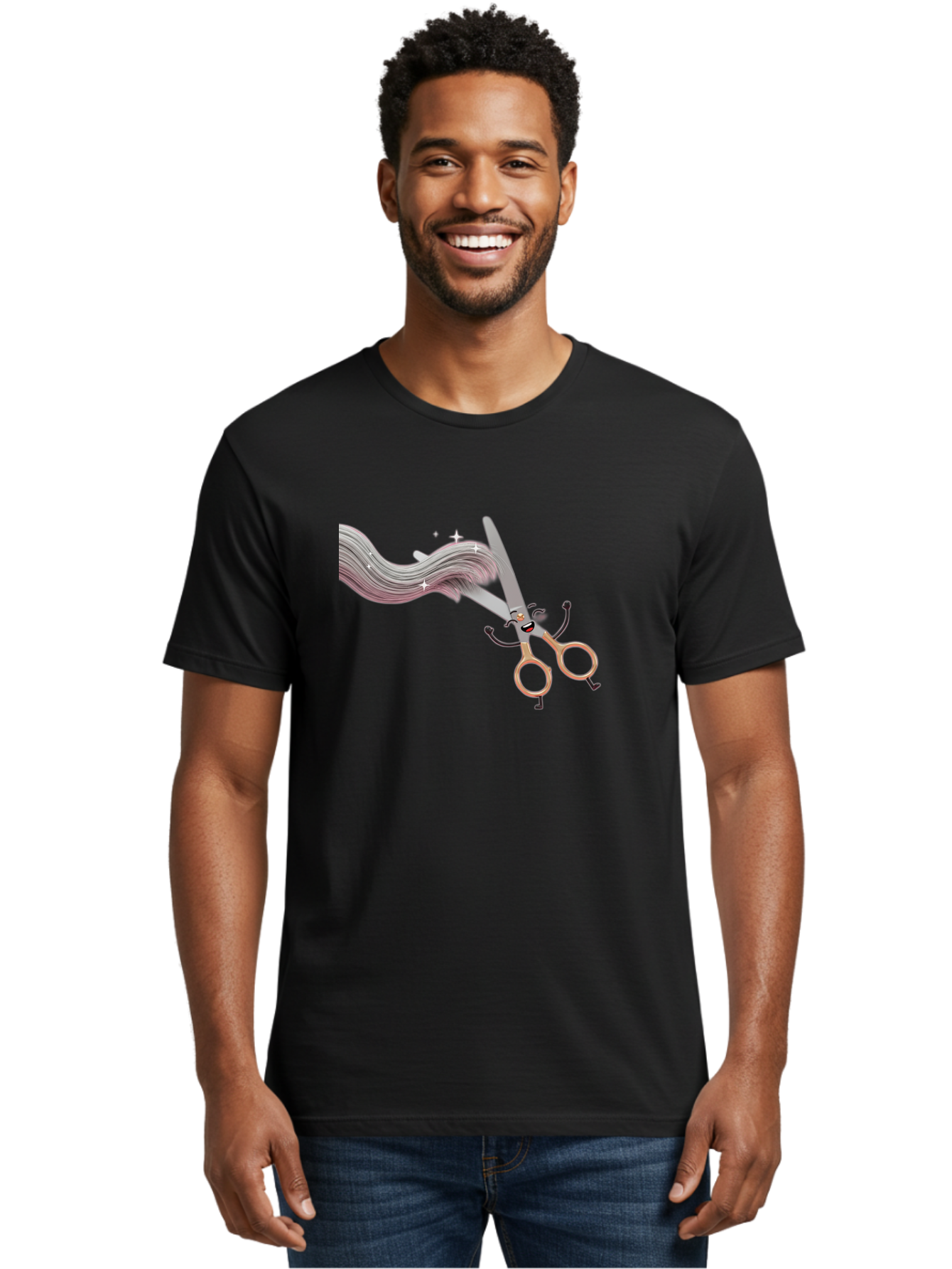 Scissors-Cutting-Hair Men'S Graphic Tee, 100% Cotton, Comfortable Casual Summer Wear, Machine Washable, Scissors Character, Cartoon Haircut, Beauty Salon, Hairstyling Tools, Hair Trimming, Barber Shop, Grooming Essentials, Creative Cutting, Bad525