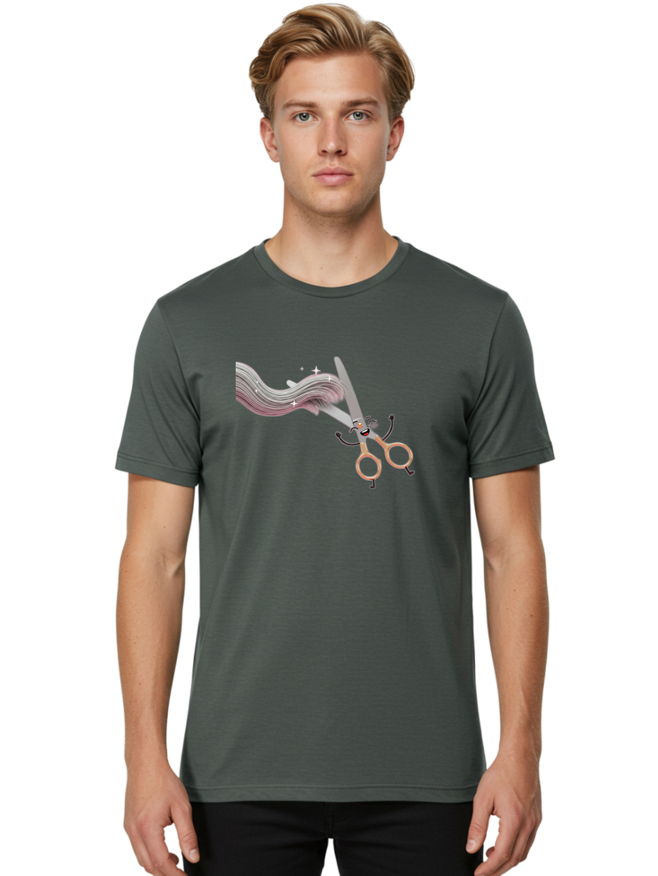 Scissors-Cutting-Hair Men'S Graphic Tee, 100% Cotton, Comfortable Casual Summer Wear, Machine Washable, Scissors Character, Cartoon Haircut, Beauty Salon, Hairstyling Tools, Hair Trimming, Barber Shop, Grooming Essentials, Creative Cutting, Bad525
