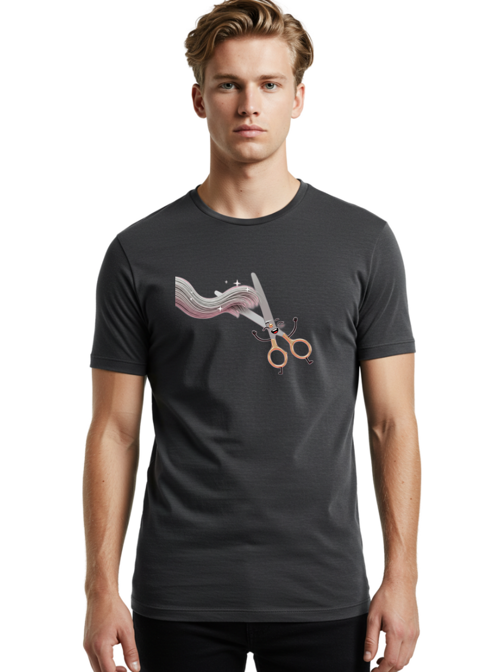 Scissors-Cutting-Hair Men'S Graphic Tee, 100% Cotton, Comfortable Casual Summer Wear, Machine Washable, Scissors Character, Cartoon Haircut, Beauty Salon, Hairstyling Tools, Hair Trimming, Barber Shop, Grooming Essentials, Creative Cutting, Bad525