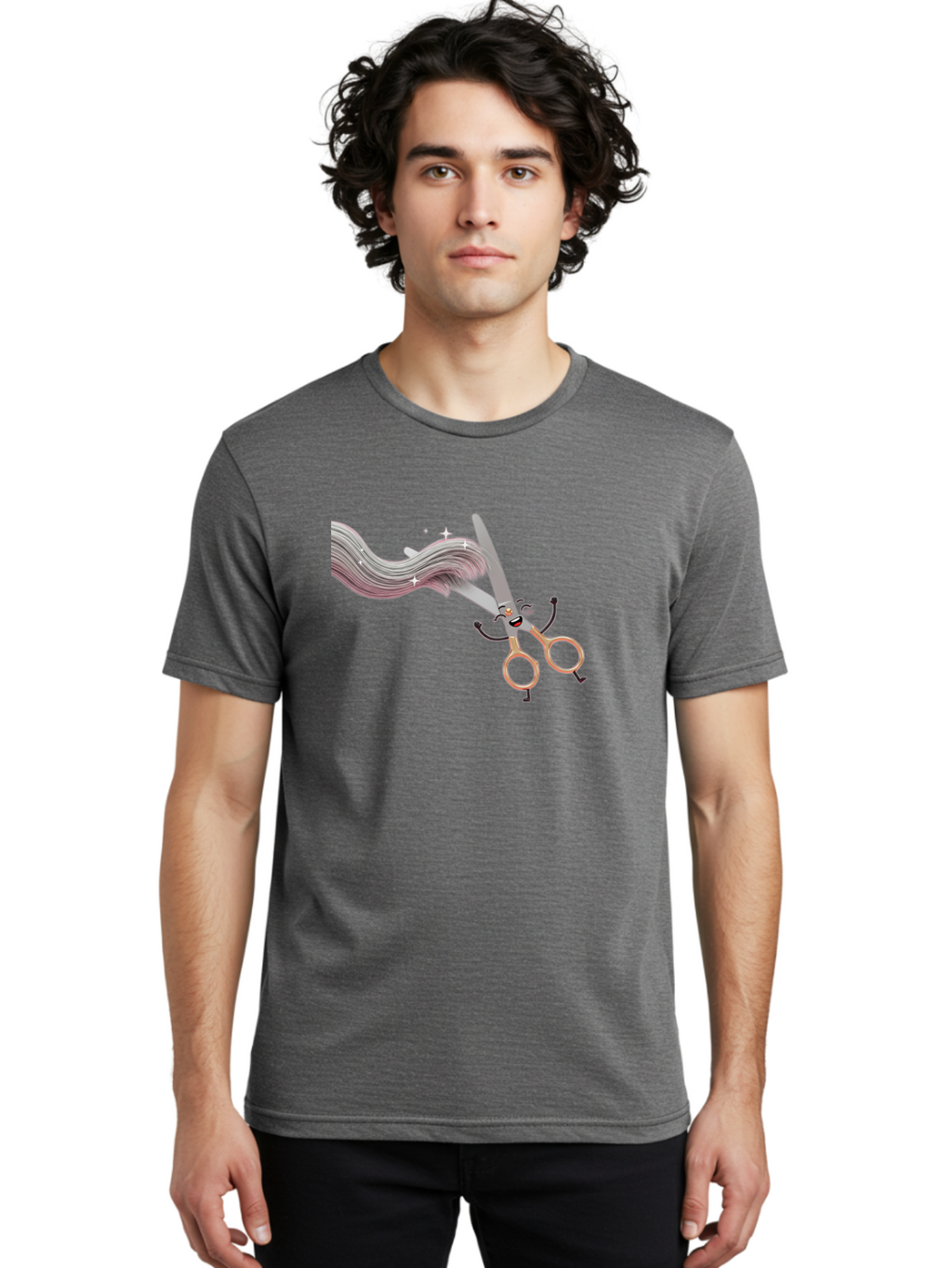Scissors-Cutting-Hair Men'S Graphic Tee, 100% Cotton, Comfortable Casual Summer Wear, Machine Washable, Scissors Character, Cartoon Haircut, Beauty Salon, Hairstyling Tools, Hair Trimming, Barber Shop, Grooming Essentials, Creative Cutting, Bad525