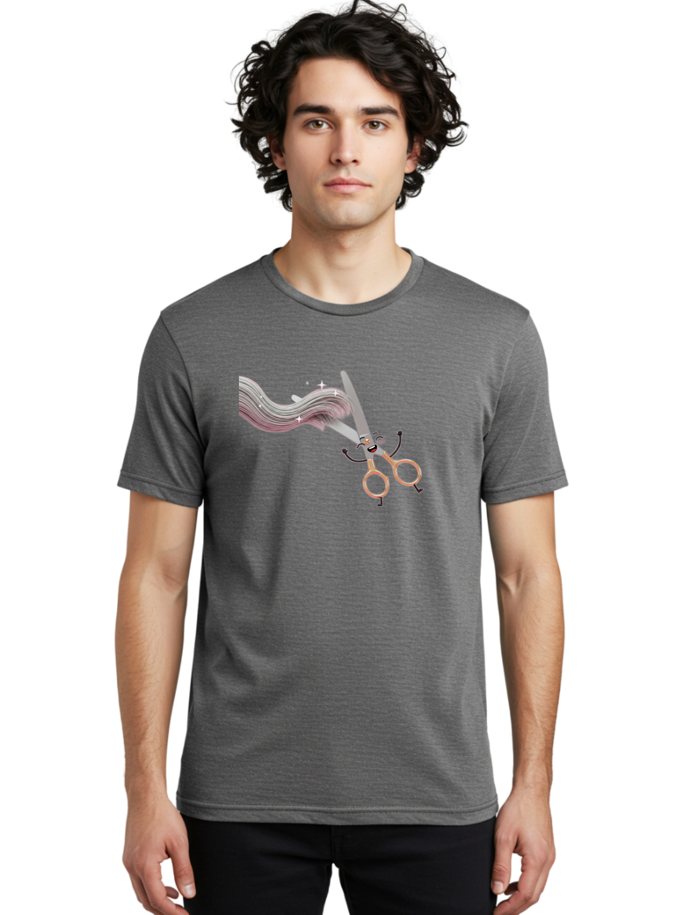 Scissors-Cutting-Hair Men'S Graphic Tee, 100% Cotton, Comfortable Casual Summer Wear, Machine Washable, Scissors Character, Cartoon Haircut, Beauty Salon, Hairstyling Tools, Hair Trimming, Barber Shop, Grooming Essentials, Creative Cutting, Bad525