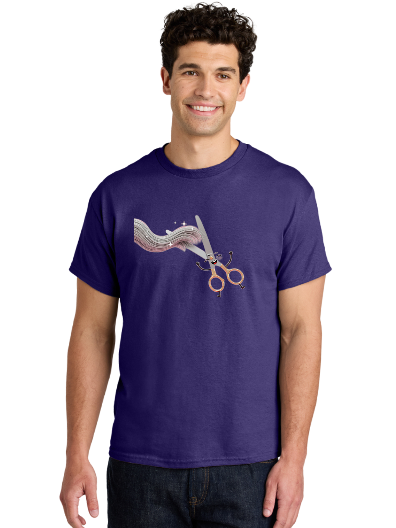 Scissors-Cutting-Hair Men'S Graphic Tee, 100% Cotton, Comfortable Casual Summer Wear, Machine Washable, Scissors Character, Cartoon Haircut, Beauty Salon, Hairstyling Tools, Hair Trimming, Barber Shop, Grooming Essentials, Creative Cutting, Bad525