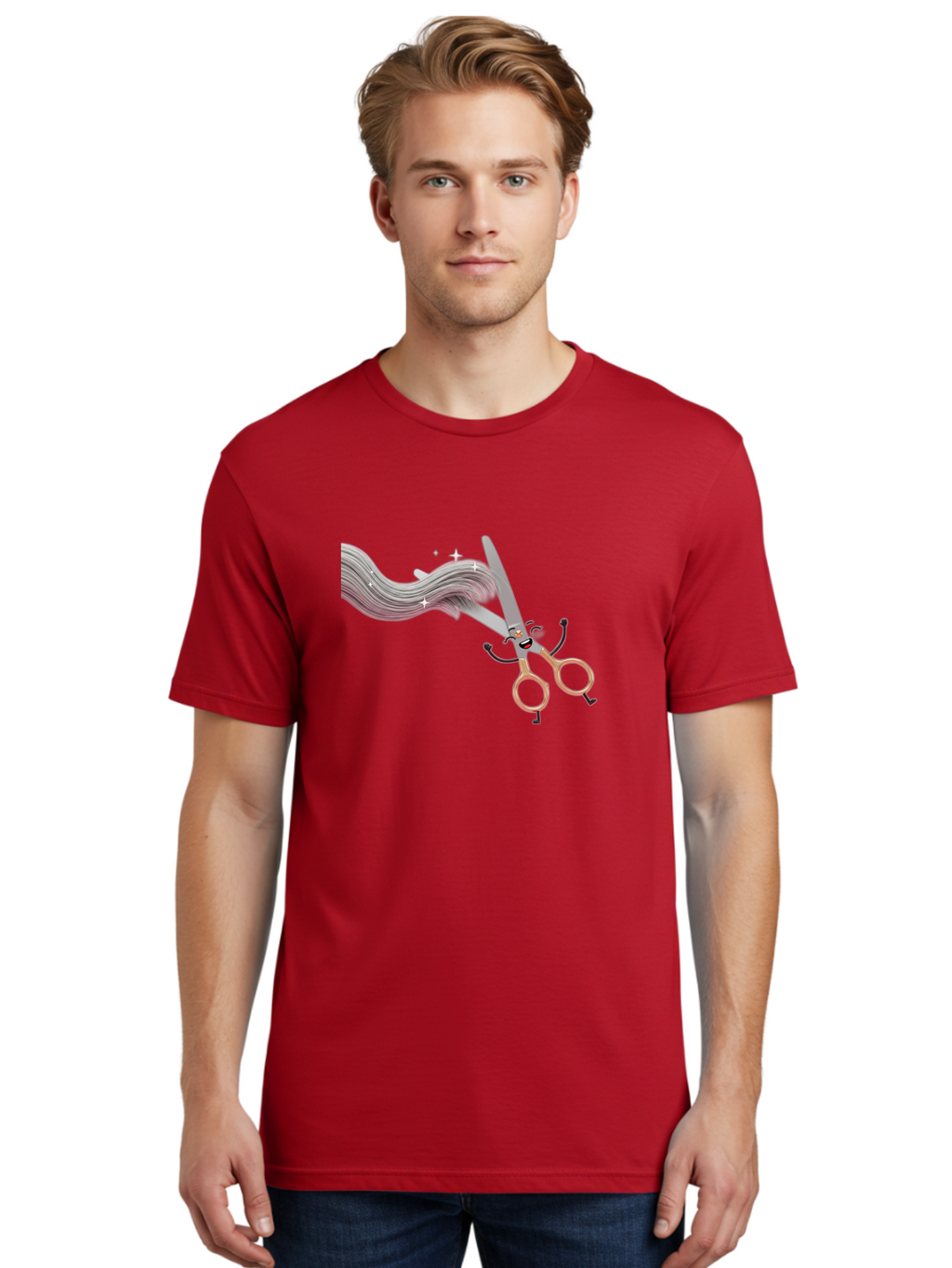 Scissors-Cutting-Hair Men'S Graphic Tee, 100% Cotton, Comfortable Casual Summer Wear, Machine Washable, Scissors Character, Cartoon Haircut, Beauty Salon, Hairstyling Tools, Hair Trimming, Barber Shop, Grooming Essentials, Creative Cutting, Bad525