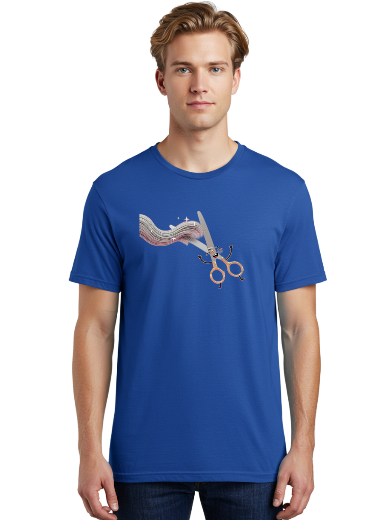 Scissors-Cutting-Hair Men'S Graphic Tee, 100% Cotton, Comfortable Casual Summer Wear, Machine Washable, Scissors Character, Cartoon Haircut, Beauty Salon, Hairstyling Tools, Hair Trimming, Barber Shop, Grooming Essentials, Creative Cutting, Bad525