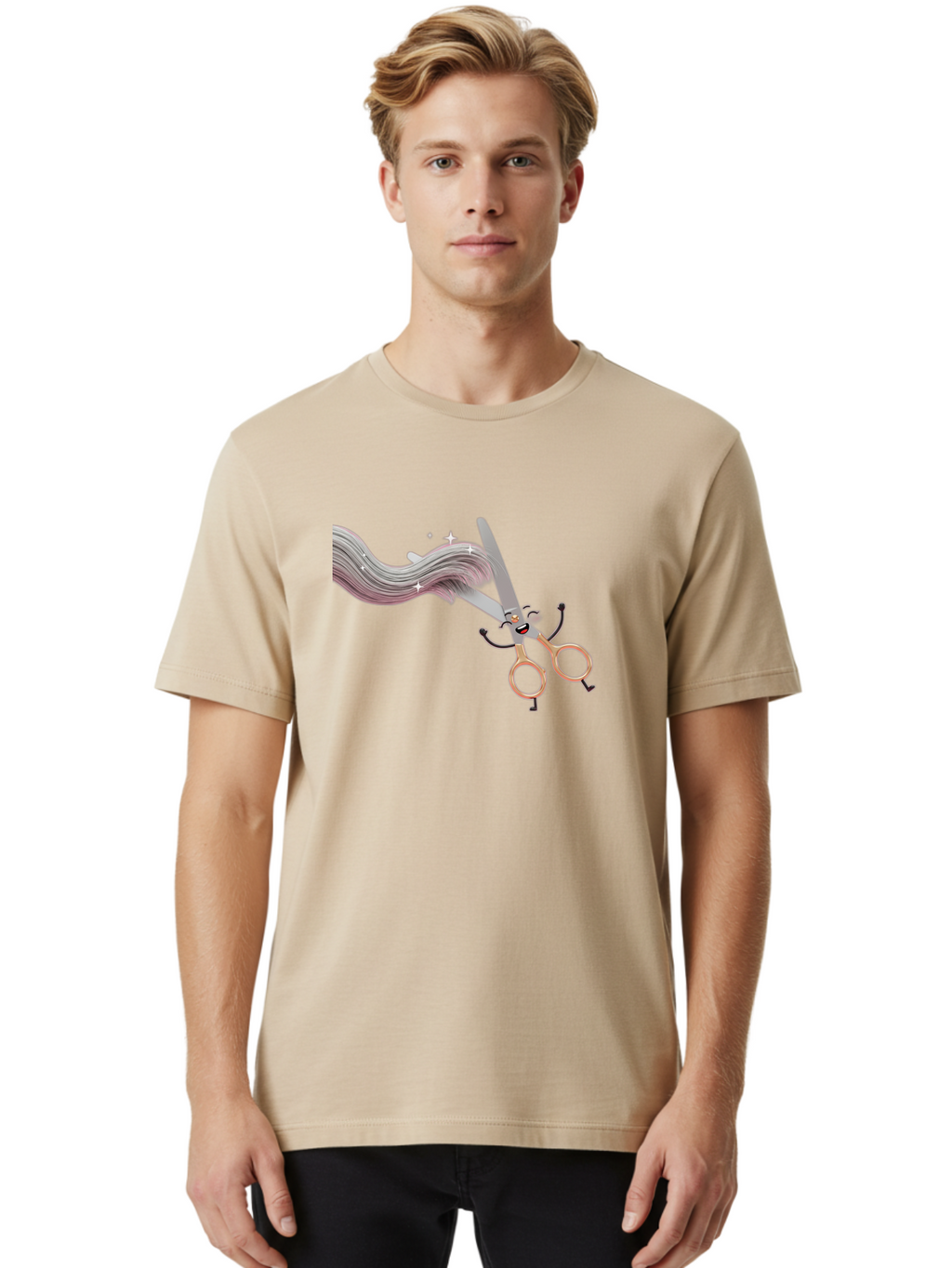 Scissors-Cutting-Hair Men'S Graphic Tee, 100% Cotton, Comfortable Casual Summer Wear, Machine Washable, Scissors Character, Cartoon Haircut, Beauty Salon, Hairstyling Tools, Hair Trimming, Barber Shop, Grooming Essentials, Creative Cutting, Bad525