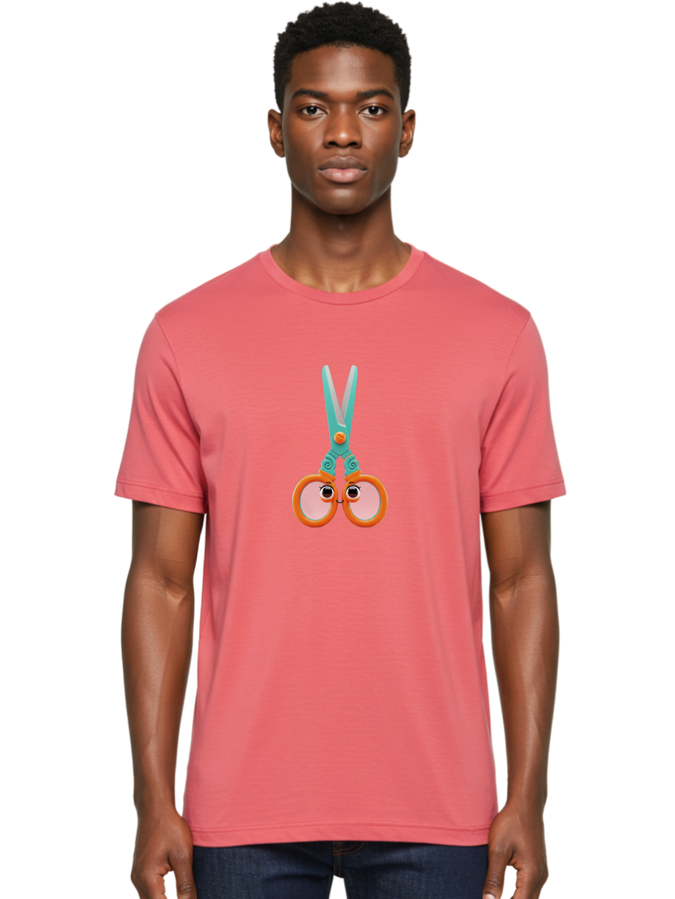 Scissors-Friends Men'S Graphic Tee, 100% Cotton, Comfortable Casual Summer Wear, Machine Washable, Cartoon Scissors, Orange Handles, Teal Metal, Cute Eyes, Smiling Faces, Childrens Craft Supplies, Playful Art, Creativity Tools, Fun Stationery Bad526