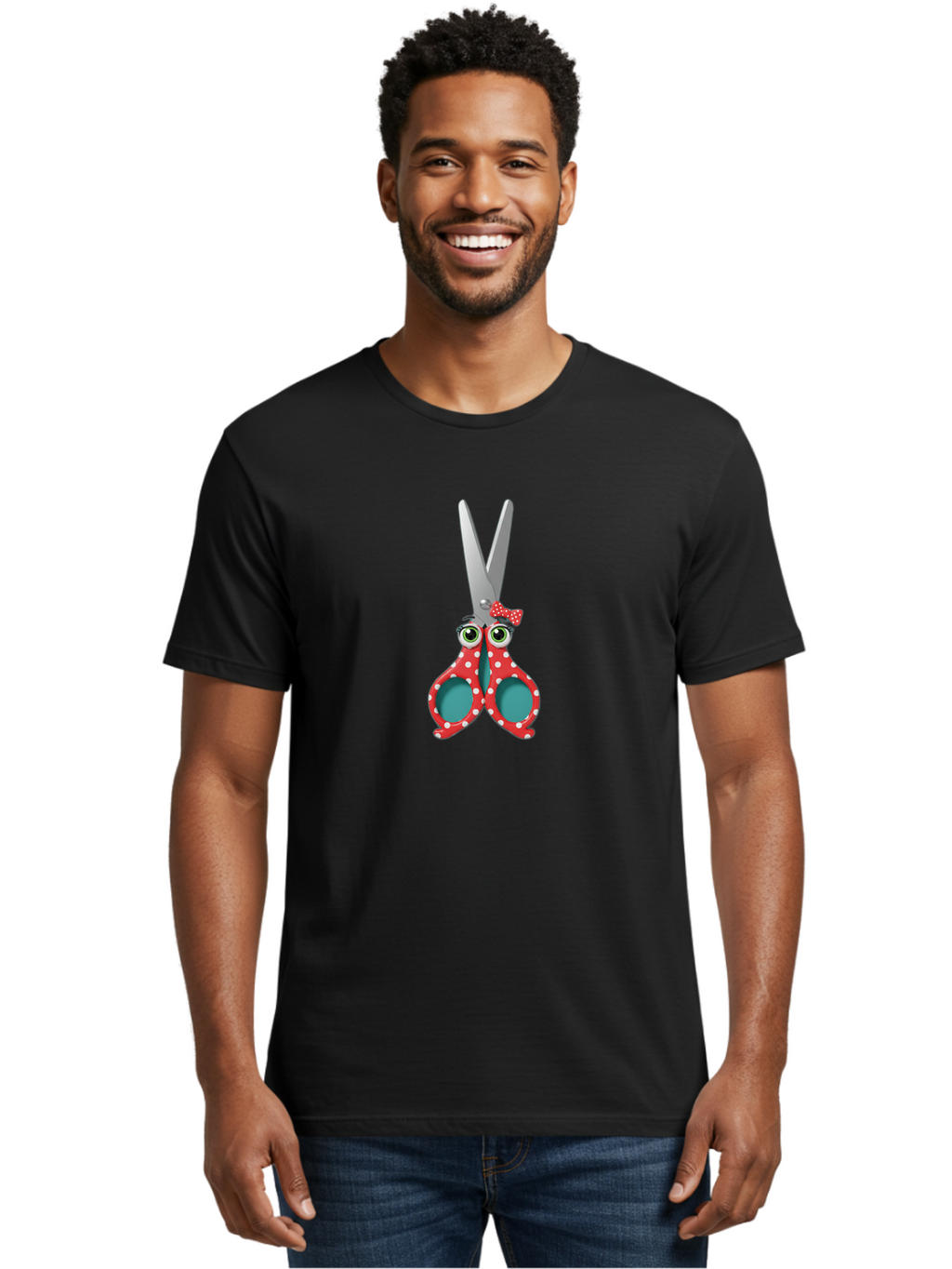 Scissors-With-Eyes-And-Bow Men'S Graphic Tee, 100% Cotton, Comfortable Casual Summer Wear, Machine Washable, Scissors With Eyes, Red Polka Dot Handles, Cute Crafting Tools, Fun Office Supplies, Quirky Stationery, Creative Accessories, Bad527