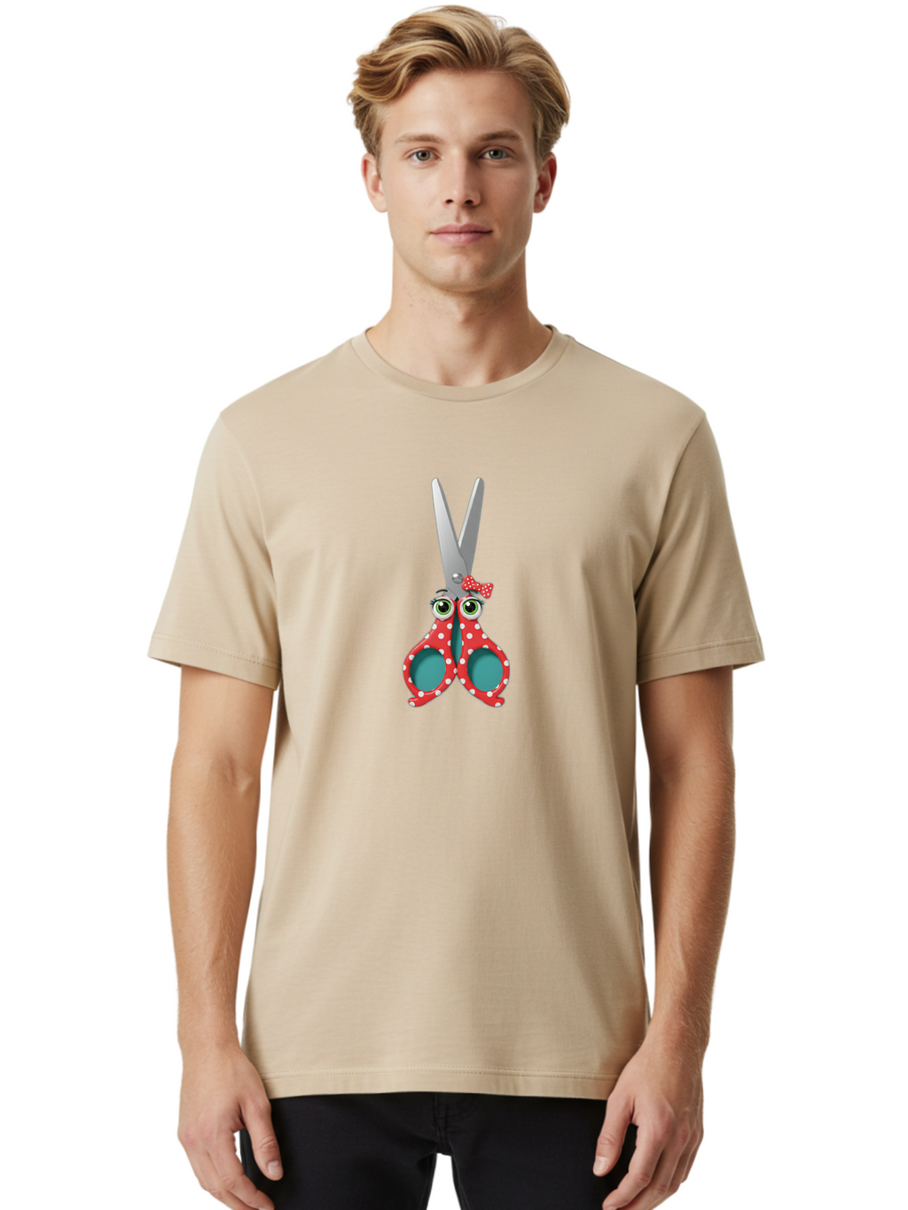 Scissors-With-Eyes-And-Bow Men'S Graphic Tee, 100% Cotton, Comfortable Casual Summer Wear, Machine Washable, Scissors With Eyes, Red Polka Dot Handles, Cute Crafting Tools, Fun Office Supplies, Quirky Stationery, Creative Accessories, Bad527