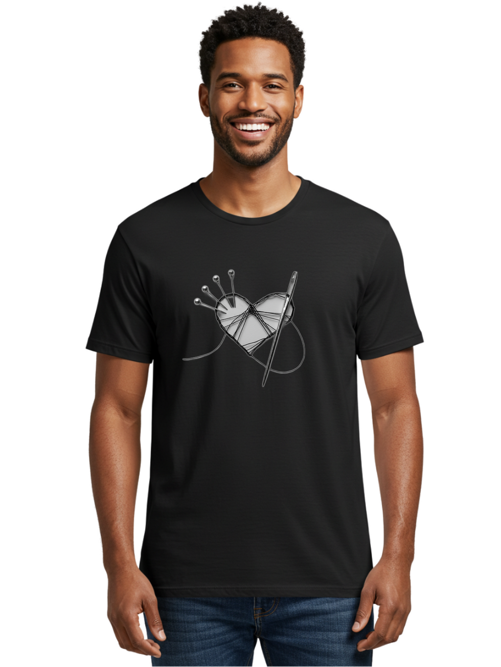 Sewing-Heart Men'S Graphic Tee, 100% Cotton, Comfortable Casual Summer Wear, Machine Washable, Sewing, Heart Shape, Needle And Thread, Pin Cushion, Crafting, Diy, Embroidery, Handmade, Repair, Symbol Of Love Bad530