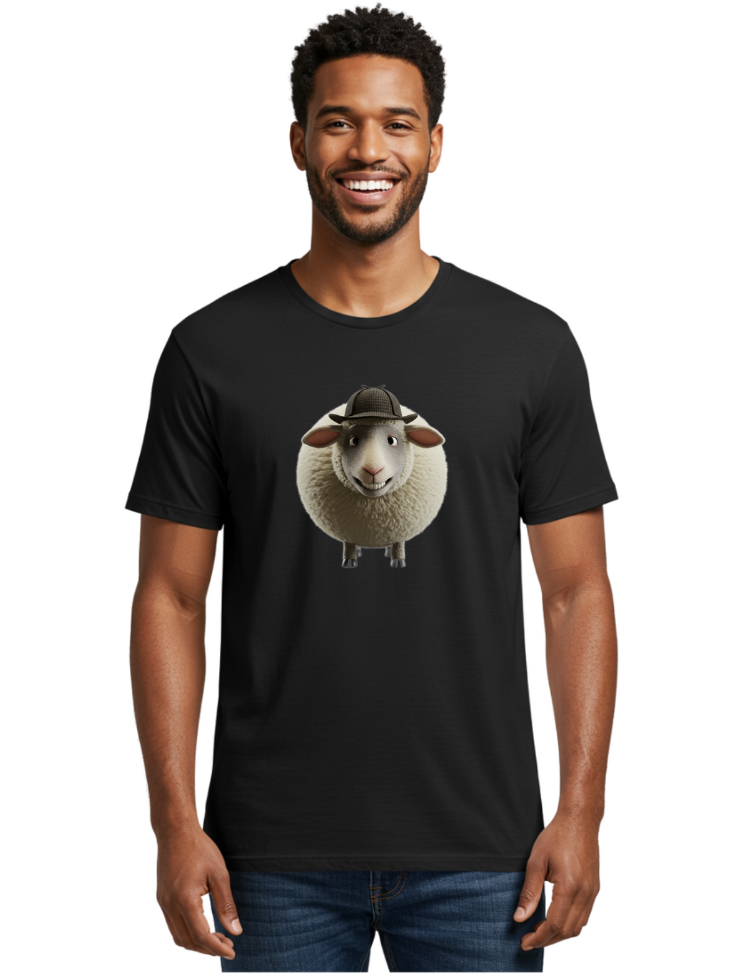 Shaun-The-Sheep-1 Men'S Graphic Tee, 100% Cotton, Comfortable Casual Summer Wear, Machine Washable, Cartoon Sheep, Detective Hat, Humorous Character, 3D Animation, Fluffy Sheep, Funny Animal, Detective Sheep, Fictional Character, Bad536