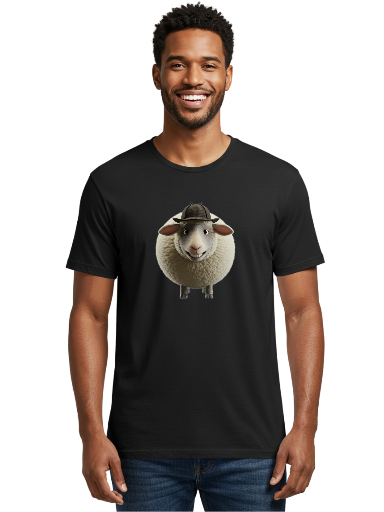 Shaun-The-Sheep-1 Men'S Graphic Tee, 100% Cotton, Comfortable Casual Summer Wear, Machine Washable, Cartoon Sheep, Detective Hat, Humorous Character, 3D Animation, Fluffy Sheep, Funny Animal, Detective Sheep, Fictional Character, Bad536