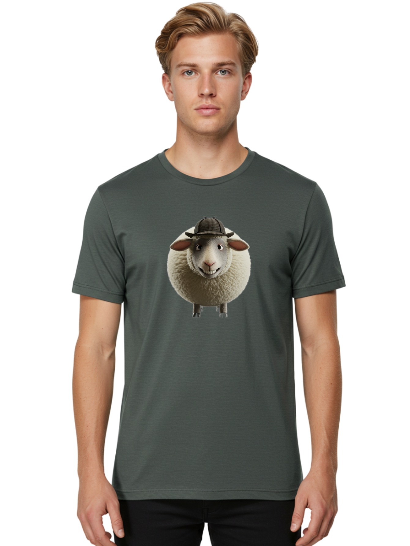 Shaun-The-Sheep-1 Men'S Graphic Tee, 100% Cotton, Comfortable Casual Summer Wear, Machine Washable, Cartoon Sheep, Detective Hat, Humorous Character, 3D Animation, Fluffy Sheep, Funny Animal, Detective Sheep, Fictional Character, Bad536