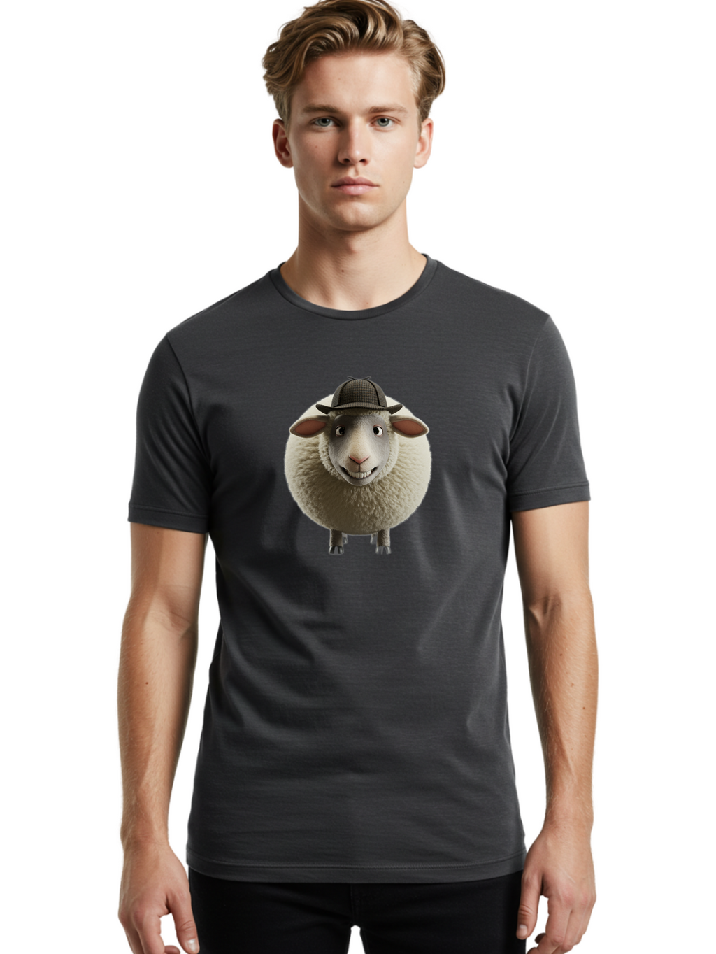Shaun-The-Sheep-1 Men'S Graphic Tee, 100% Cotton, Comfortable Casual Summer Wear, Machine Washable, Cartoon Sheep, Detective Hat, Humorous Character, 3D Animation, Fluffy Sheep, Funny Animal, Detective Sheep, Fictional Character, Bad536