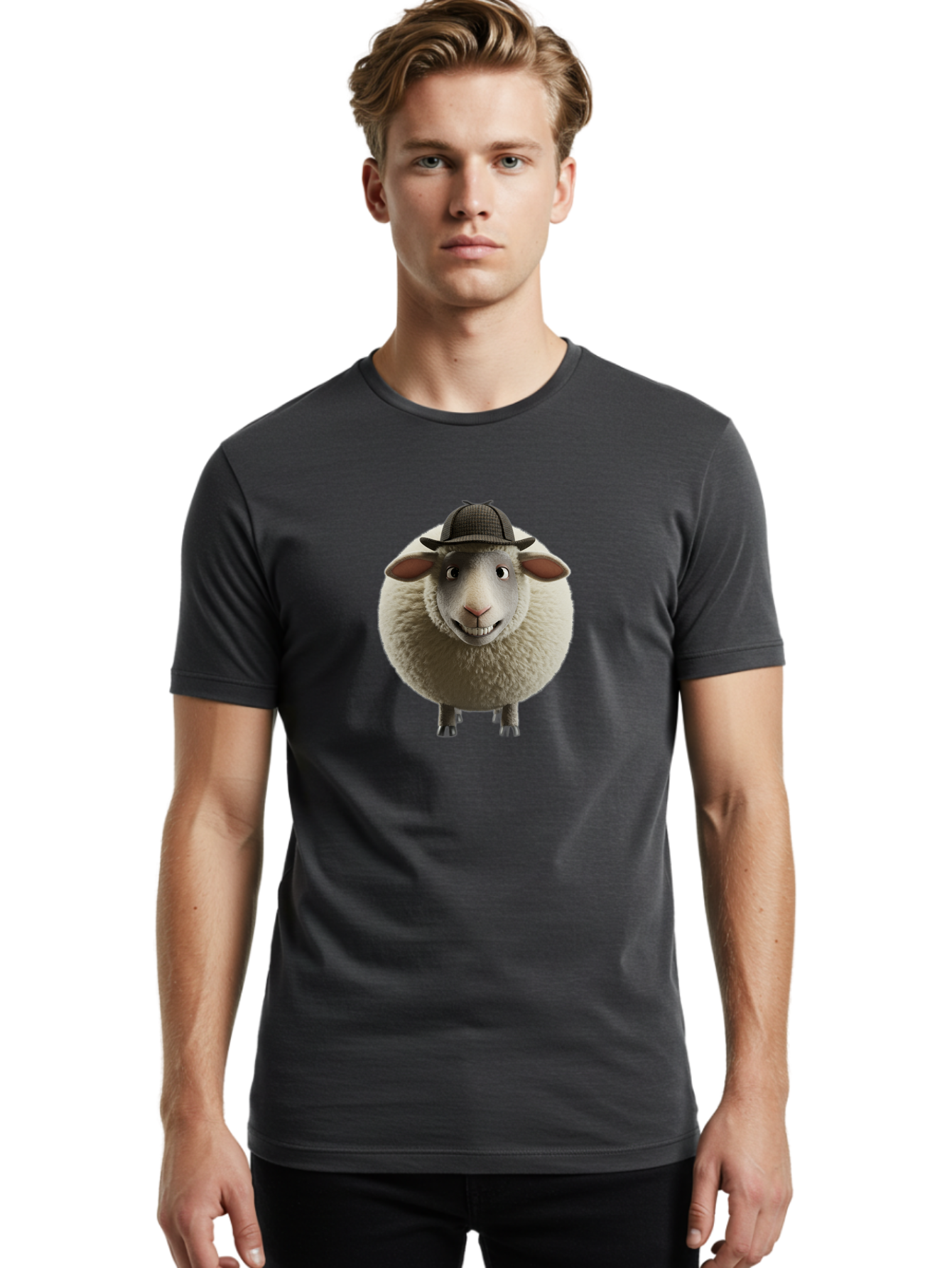 Shaun-The-Sheep-1 Men'S Graphic Tee, 100% Cotton, Comfortable Casual Summer Wear, Machine Washable, Cartoon Sheep, Detective Hat, Humorous Character, 3D Animation, Fluffy Sheep, Funny Animal, Detective Sheep, Fictional Character, Bad536