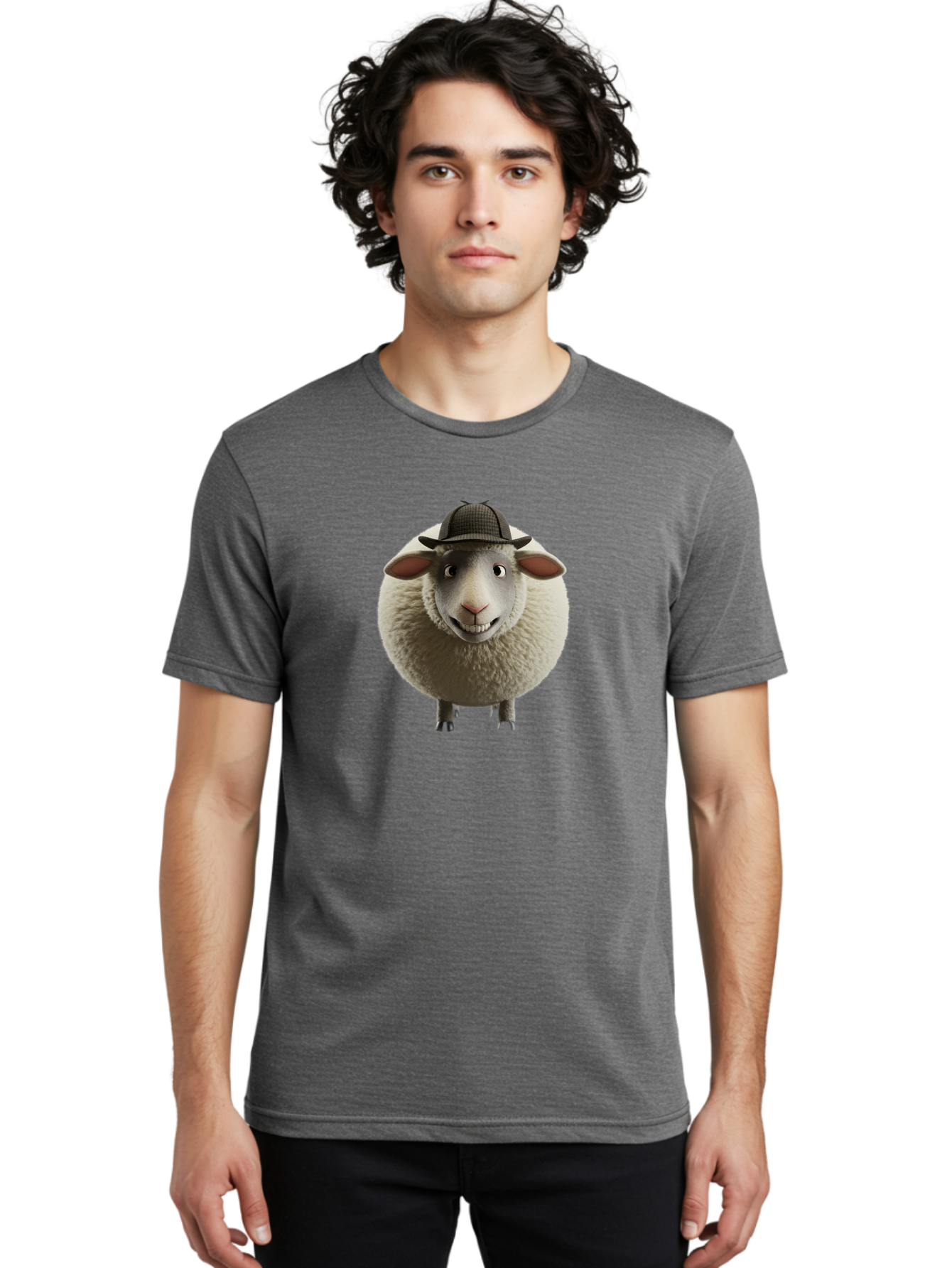 Shaun-The-Sheep-1 Men'S Graphic Tee, 100% Cotton, Comfortable Casual Summer Wear, Machine Washable, Cartoon Sheep, Detective Hat, Humorous Character, 3D Animation, Fluffy Sheep, Funny Animal, Detective Sheep, Fictional Character, Bad536