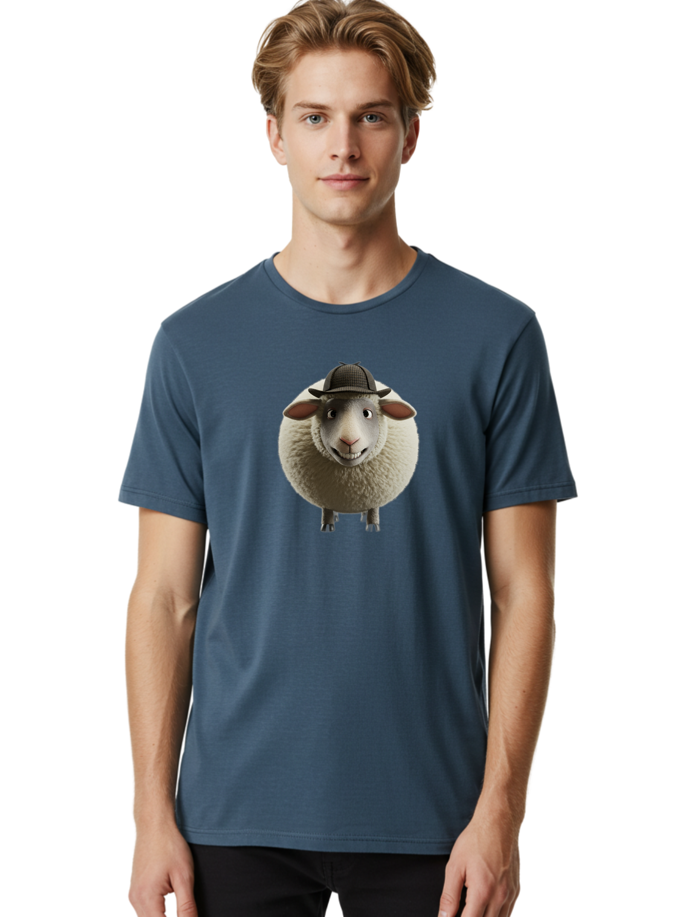Shaun-The-Sheep-1 Men'S Graphic Tee, 100% Cotton, Comfortable Casual Summer Wear, Machine Washable, Cartoon Sheep, Detective Hat, Humorous Character, 3D Animation, Fluffy Sheep, Funny Animal, Detective Sheep, Fictional Character, Bad536