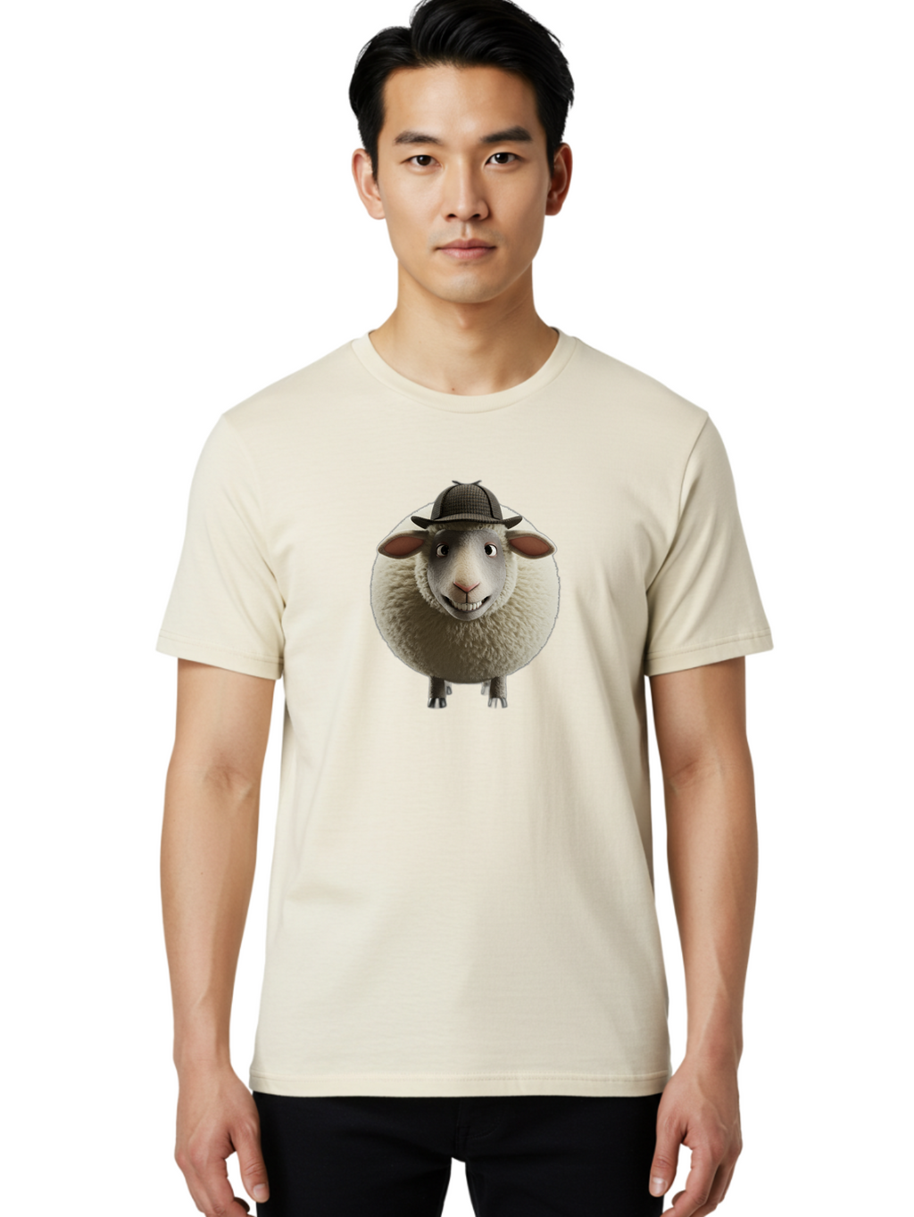 Shaun-The-Sheep-1 Men'S Graphic Tee, 100% Cotton, Comfortable Casual Summer Wear, Machine Washable, Cartoon Sheep, Detective Hat, Humorous Character, 3D Animation, Fluffy Sheep, Funny Animal, Detective Sheep, Fictional Character, Bad536