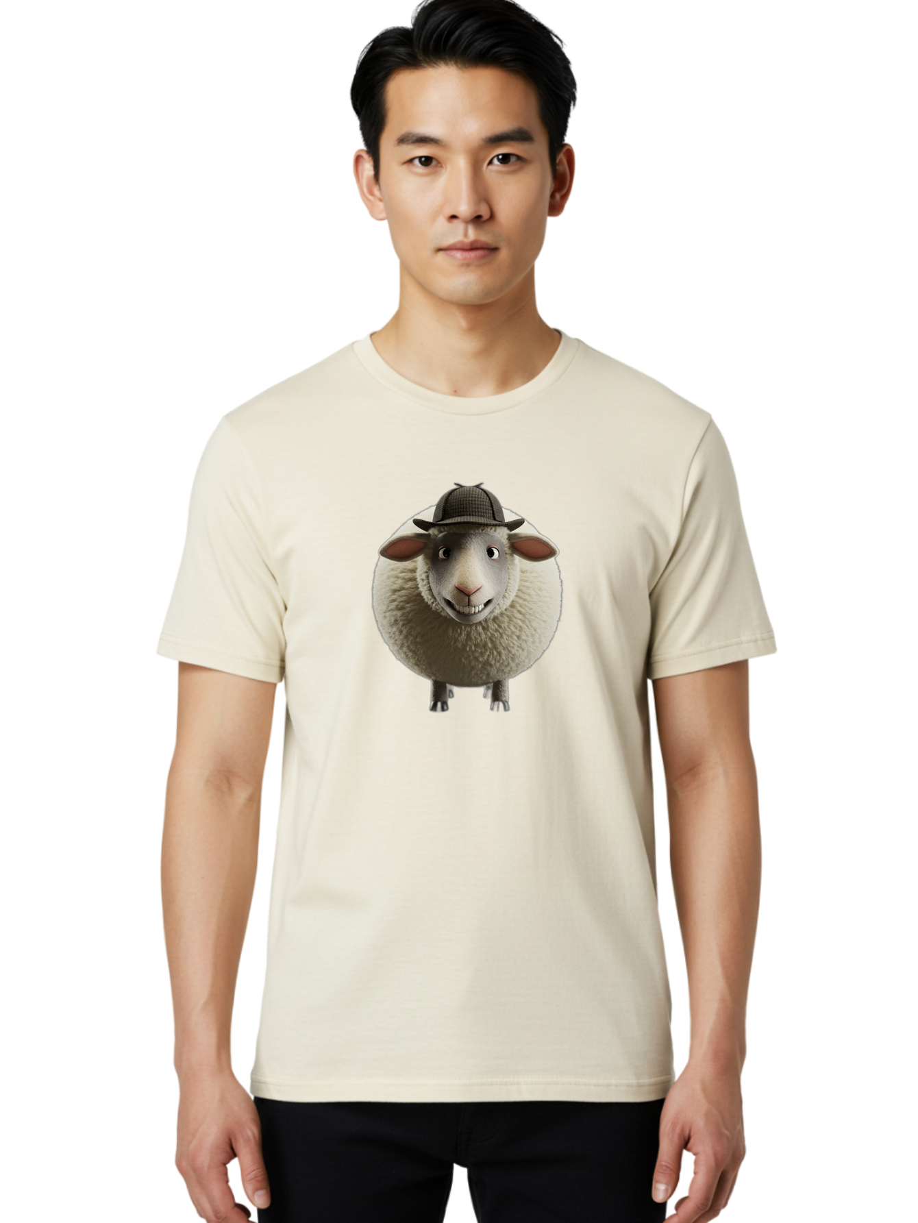Shaun-The-Sheep-1 Men'S Graphic Tee, 100% Cotton, Comfortable Casual Summer Wear, Machine Washable, Cartoon Sheep, Detective Hat, Humorous Character, 3D Animation, Fluffy Sheep, Funny Animal, Detective Sheep, Fictional Character, Bad536