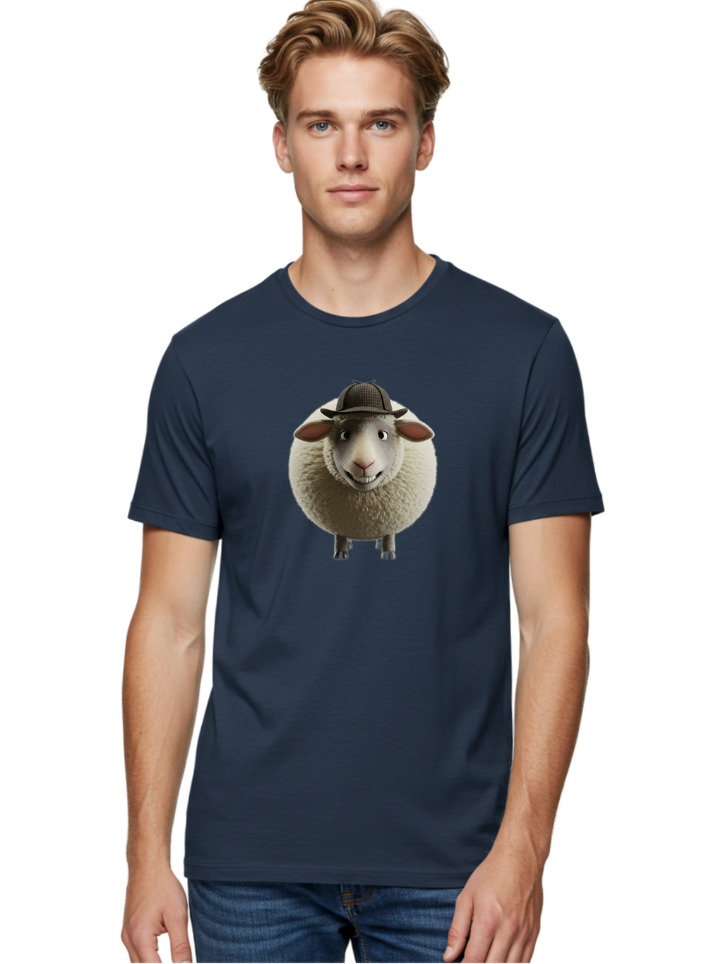 Shaun-The-Sheep-1 Men'S Graphic Tee, 100% Cotton, Comfortable Casual Summer Wear, Machine Washable, Cartoon Sheep, Detective Hat, Humorous Character, 3D Animation, Fluffy Sheep, Funny Animal, Detective Sheep, Fictional Character, Bad536