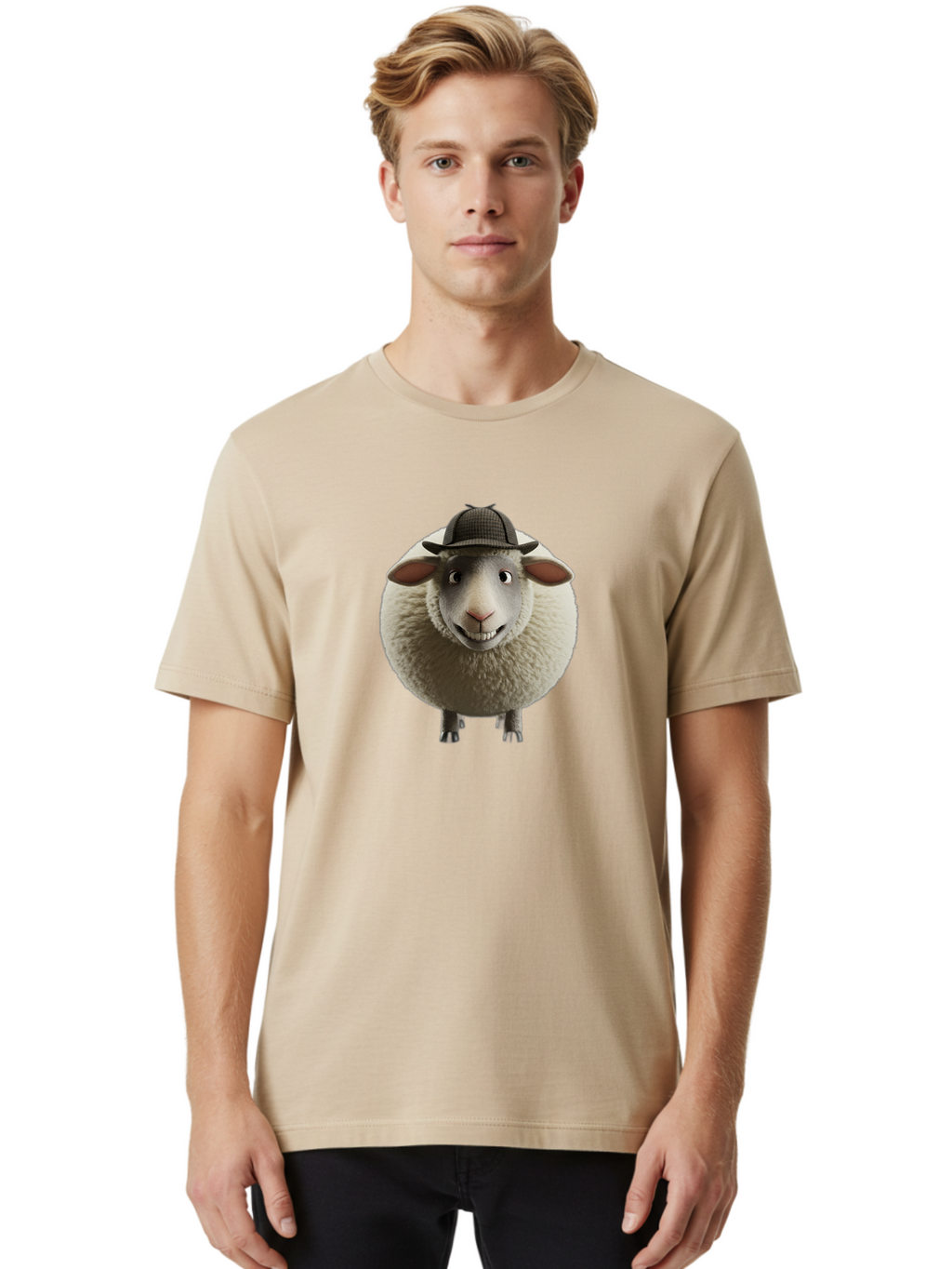 Shaun-The-Sheep-1 Men'S Graphic Tee, 100% Cotton, Comfortable Casual Summer Wear, Machine Washable, Cartoon Sheep, Detective Hat, Humorous Character, 3D Animation, Fluffy Sheep, Funny Animal, Detective Sheep, Fictional Character, Bad536