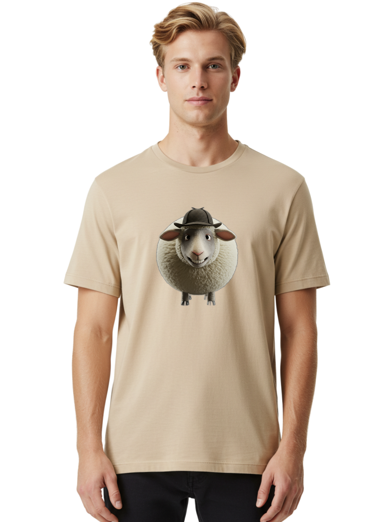 Shaun-The-Sheep-1 Men'S Graphic Tee, 100% Cotton, Comfortable Casual Summer Wear, Machine Washable, Cartoon Sheep, Detective Hat, Humorous Character, 3D Animation, Fluffy Sheep, Funny Animal, Detective Sheep, Fictional Character, Bad536