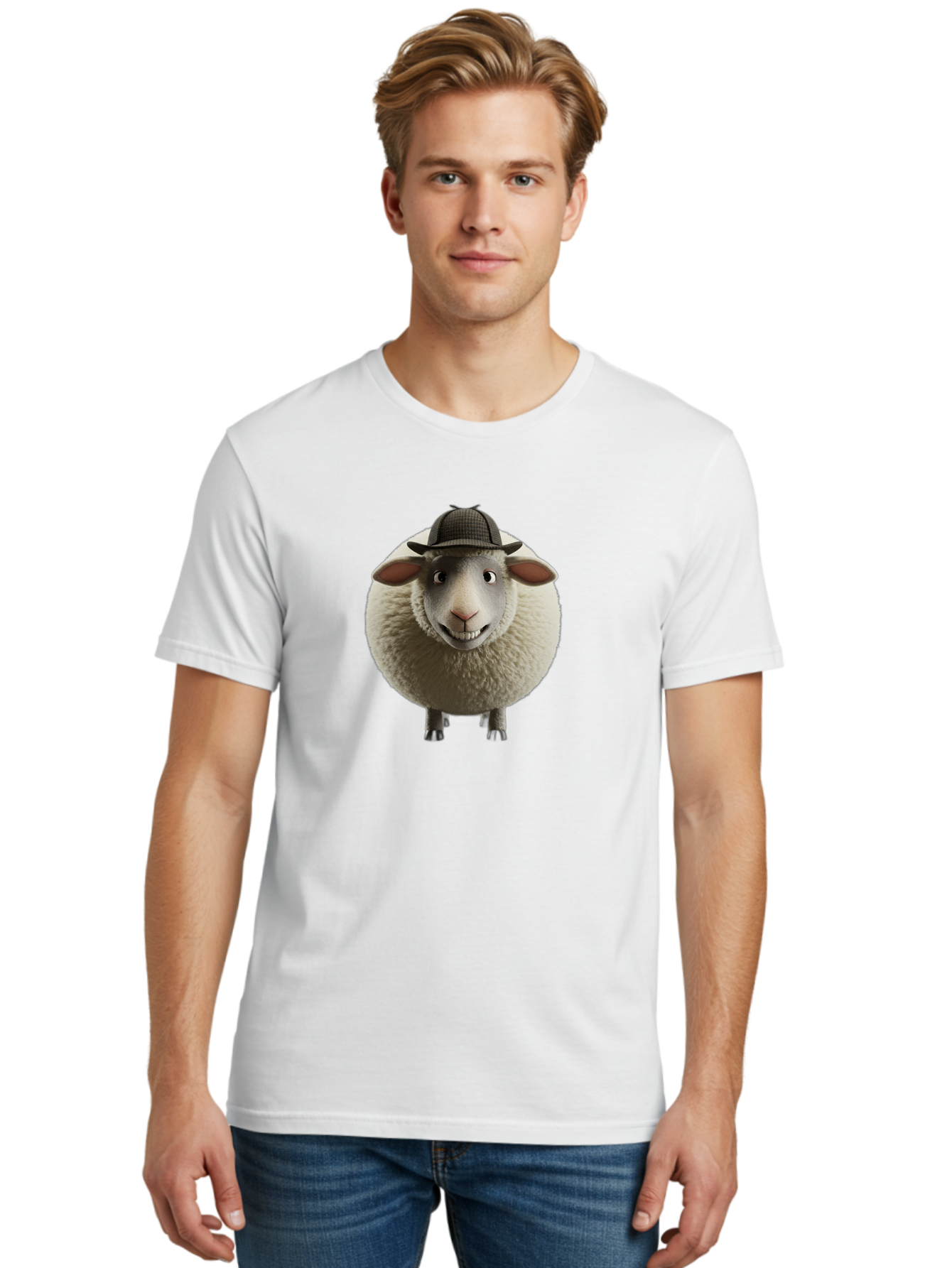 Shaun-The-Sheep-1 Men'S Graphic Tee, 100% Cotton, Comfortable Casual Summer Wear, Machine Washable, Cartoon Sheep, Detective Hat, Humorous Character, 3D Animation, Fluffy Sheep, Funny Animal, Detective Sheep, Fictional Character, Bad536