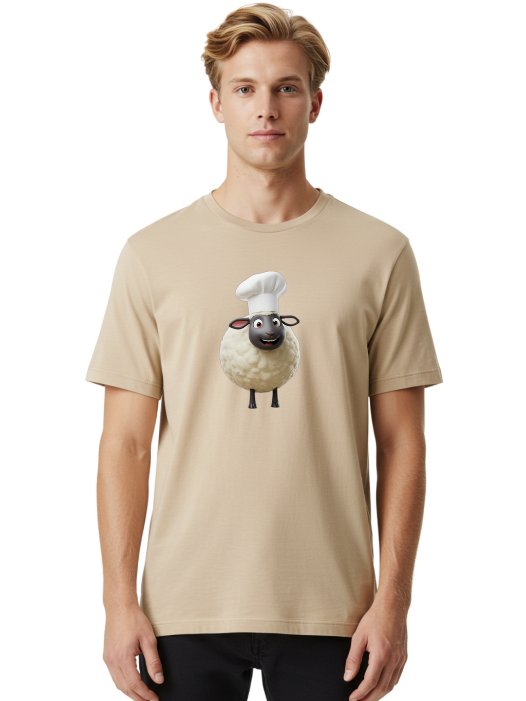 Shaun-The-Sheep-Chef Men'S Graphic Tee, 100% Cotton, Comfortable Casual Summer Wear, Machine Washable, Shaun The Sheep, Chef Hat, Cartoon Character, Cooking, Culinary, Funny Animal, 3D Animation, Character Design, Humorous, Whimsical, Lamb, Bad537