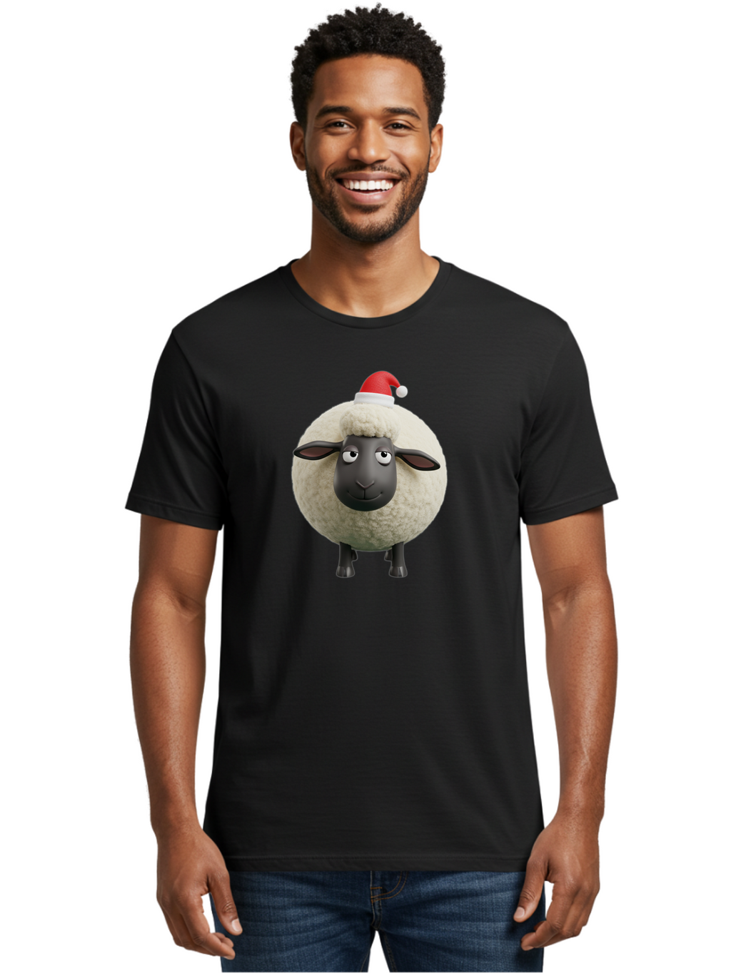 Shaun-The-Sheep-Christmas Men'S Graphic Tee, 100% Cotton, Comfortable Casual Summer Wear, Machine Washable, Cartoon Sheep, Shaun The Sheep, Fluffy White Sheep, Christmas Hat, Red And White Santa Hat, Funny Character, 3D Animation, Bad538