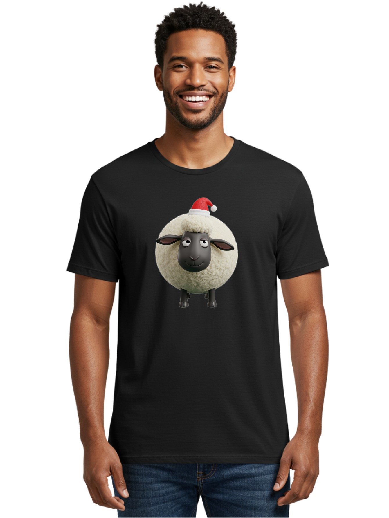 Shaun-The-Sheep-Christmas Men'S Graphic Tee, 100% Cotton, Comfortable Casual Summer Wear, Machine Washable, Cartoon Sheep, Shaun The Sheep, Fluffy White Sheep, Christmas Hat, Red And White Santa Hat, Funny Character, 3D Animation, Bad538
