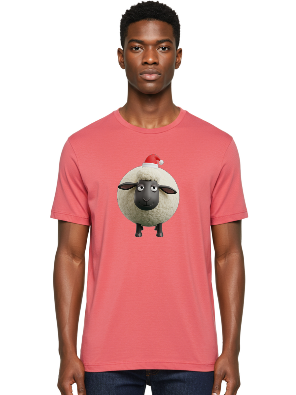 Shaun-The-Sheep-Christmas Men'S Graphic Tee, 100% Cotton, Comfortable Casual Summer Wear, Machine Washable, Cartoon Sheep, Shaun The Sheep, Fluffy White Sheep, Christmas Hat, Red And White Santa Hat, Funny Character, 3D Animation, Bad538
