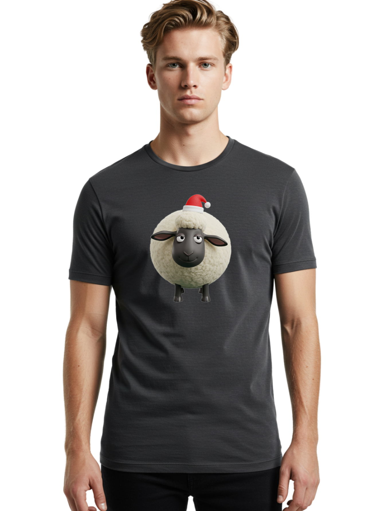 Shaun-The-Sheep-Christmas Men'S Graphic Tee, 100% Cotton, Comfortable Casual Summer Wear, Machine Washable, Cartoon Sheep, Shaun The Sheep, Fluffy White Sheep, Christmas Hat, Red And White Santa Hat, Funny Character, 3D Animation, Bad538
