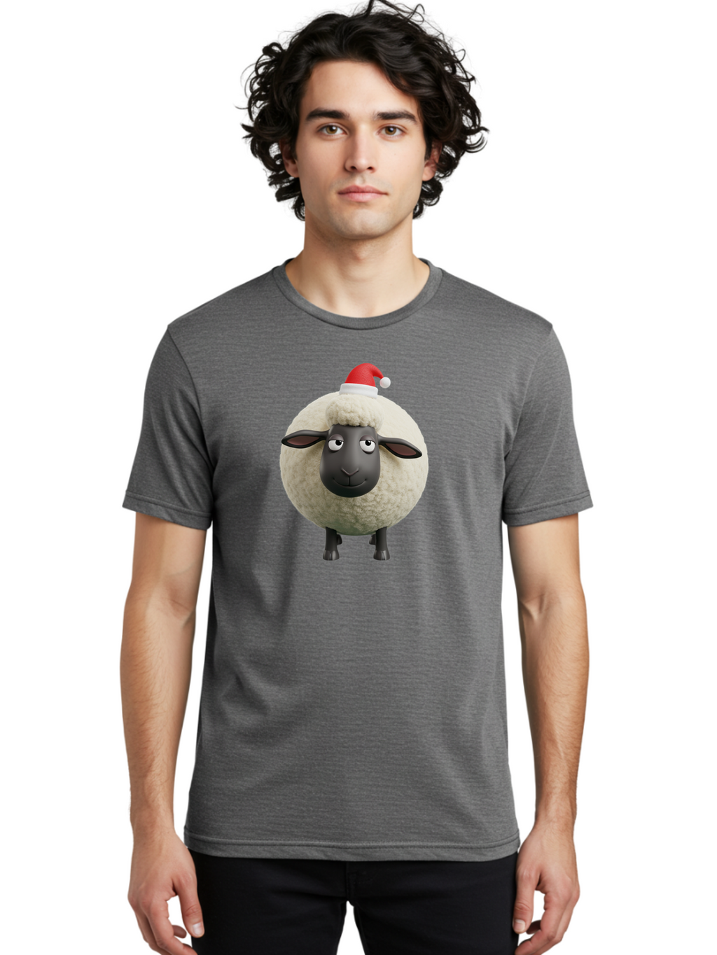 Shaun-The-Sheep-Christmas Men'S Graphic Tee, 100% Cotton, Comfortable Casual Summer Wear, Machine Washable, Cartoon Sheep, Shaun The Sheep, Fluffy White Sheep, Christmas Hat, Red And White Santa Hat, Funny Character, 3D Animation, Bad538