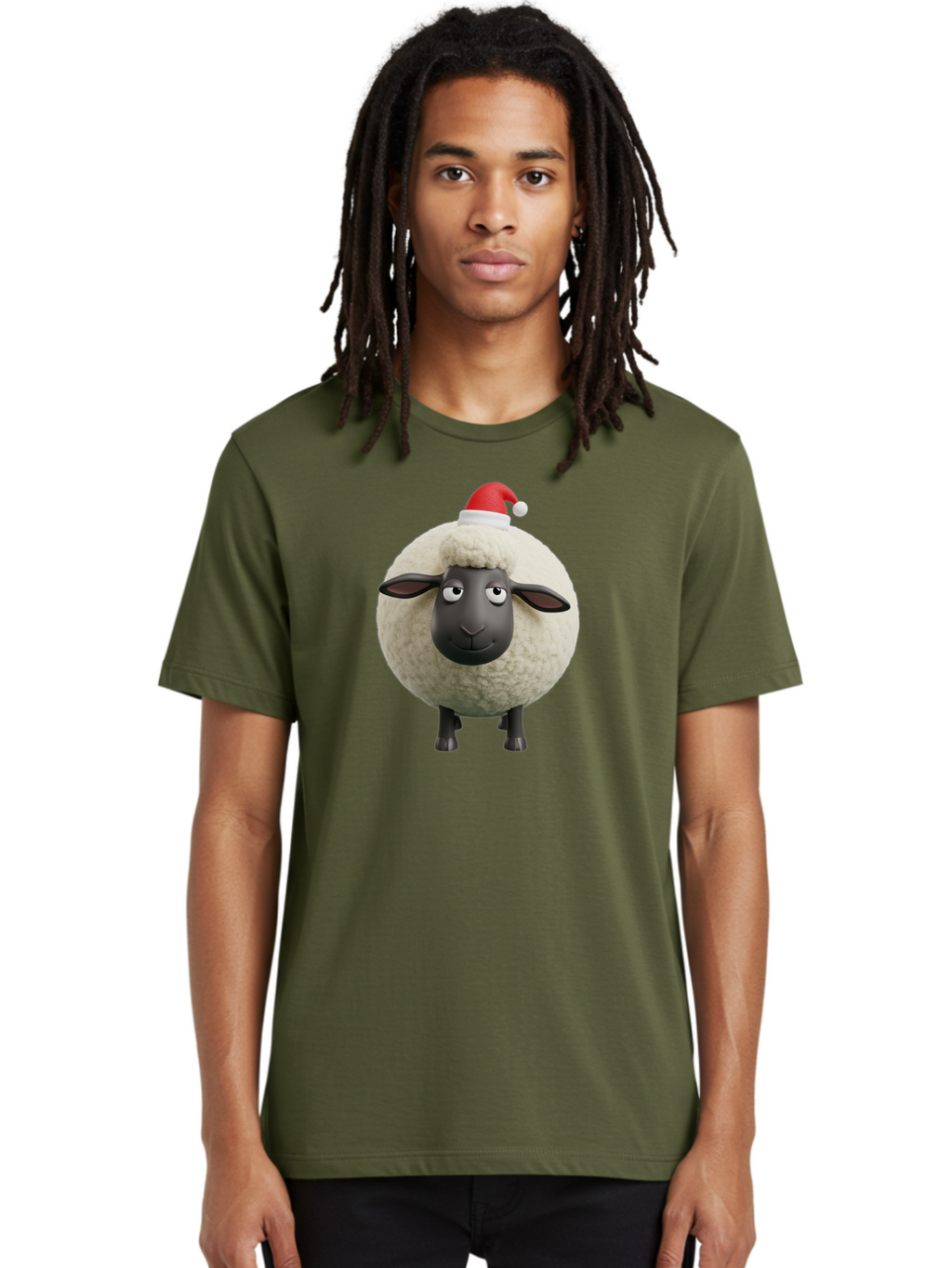 Shaun-The-Sheep-Christmas Men'S Graphic Tee, 100% Cotton, Comfortable Casual Summer Wear, Machine Washable, Cartoon Sheep, Shaun The Sheep, Fluffy White Sheep, Christmas Hat, Red And White Santa Hat, Funny Character, 3D Animation, Bad538