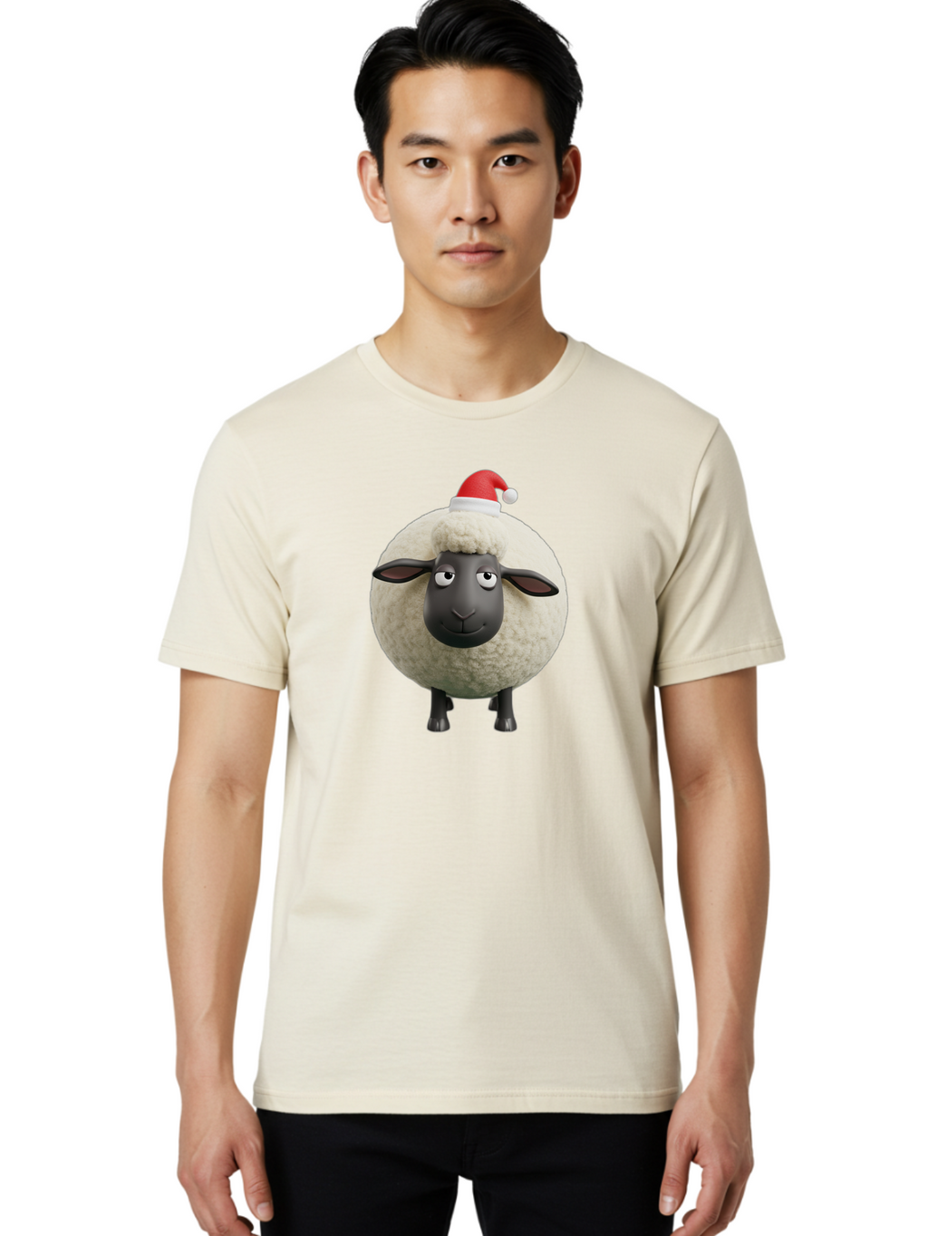 Shaun-The-Sheep-Christmas Men'S Graphic Tee, 100% Cotton, Comfortable Casual Summer Wear, Machine Washable, Cartoon Sheep, Shaun The Sheep, Fluffy White Sheep, Christmas Hat, Red And White Santa Hat, Funny Character, 3D Animation, Bad538