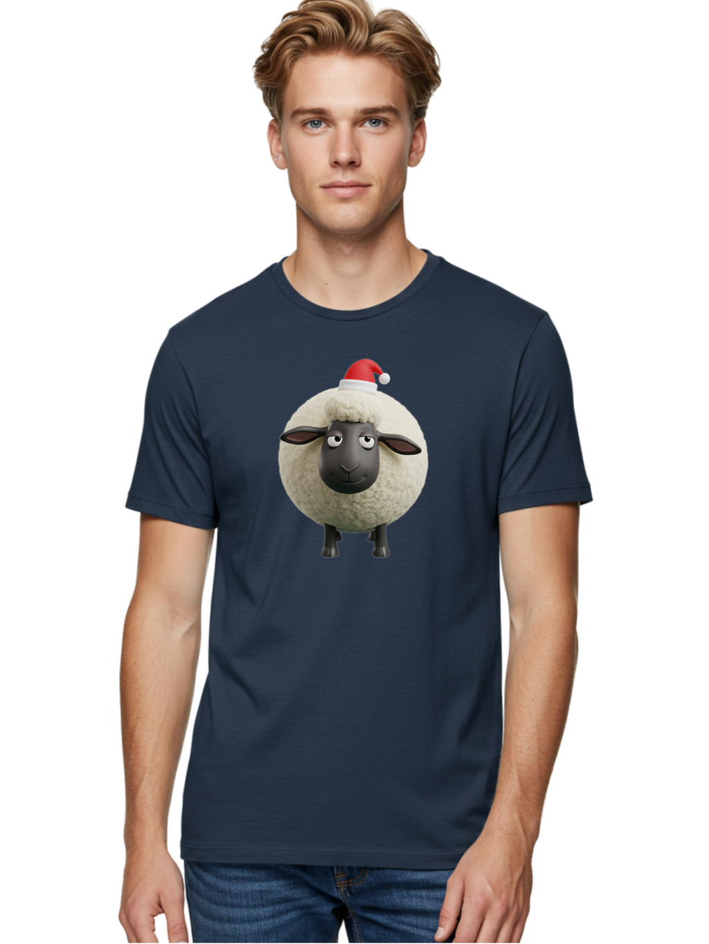 Shaun-The-Sheep-Christmas Men'S Graphic Tee, 100% Cotton, Comfortable Casual Summer Wear, Machine Washable, Cartoon Sheep, Shaun The Sheep, Fluffy White Sheep, Christmas Hat, Red And White Santa Hat, Funny Character, 3D Animation, Bad538