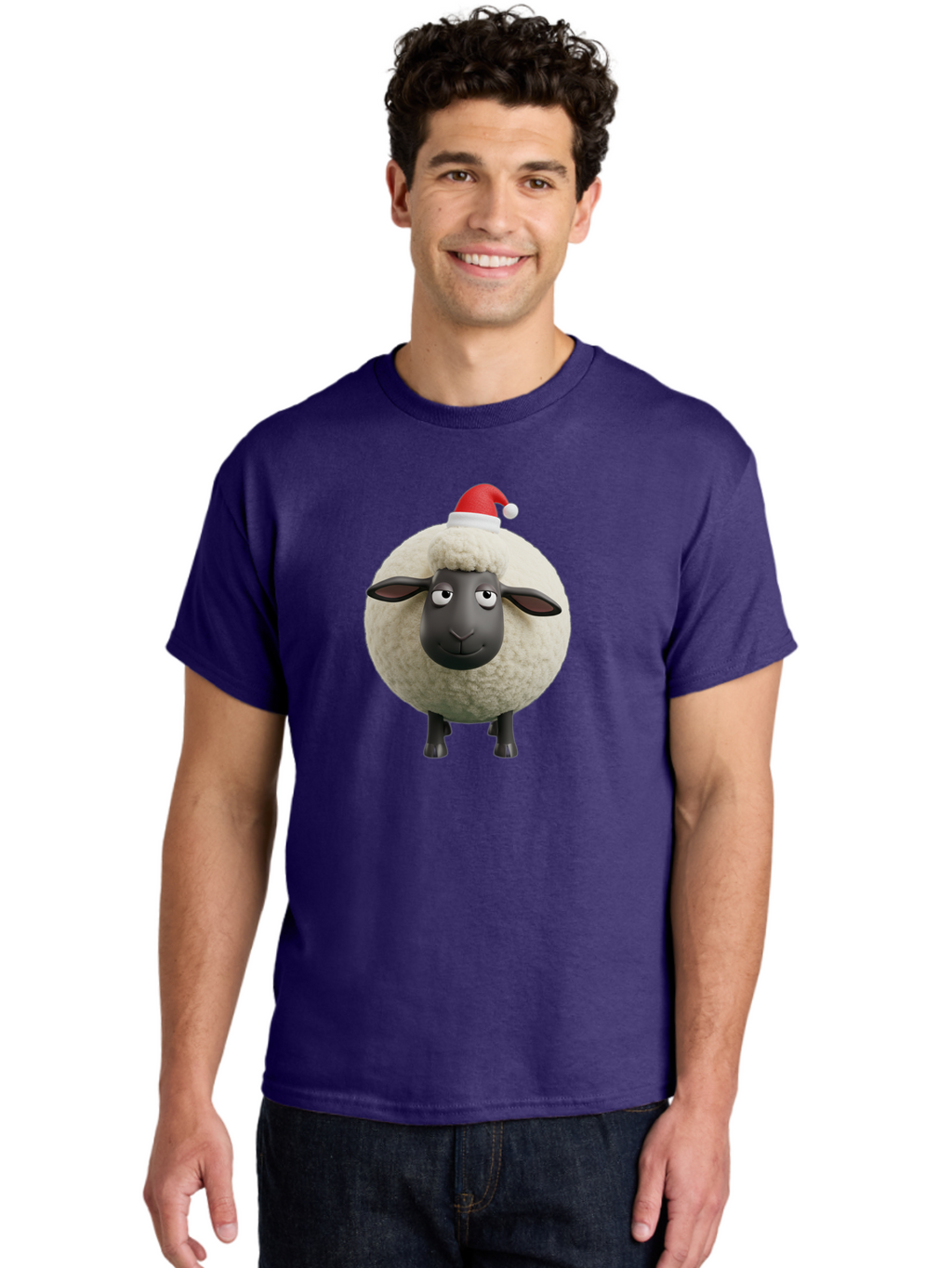 Shaun-The-Sheep-Christmas Men'S Graphic Tee, 100% Cotton, Comfortable Casual Summer Wear, Machine Washable, Cartoon Sheep, Shaun The Sheep, Fluffy White Sheep, Christmas Hat, Red And White Santa Hat, Funny Character, 3D Animation, Bad538