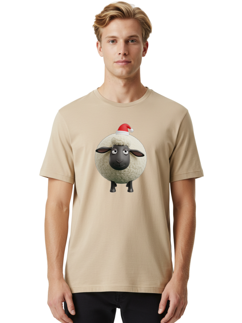 Shaun-The-Sheep-Christmas Men'S Graphic Tee, 100% Cotton, Comfortable Casual Summer Wear, Machine Washable, Cartoon Sheep, Shaun The Sheep, Fluffy White Sheep, Christmas Hat, Red And White Santa Hat, Funny Character, 3D Animation, Bad538