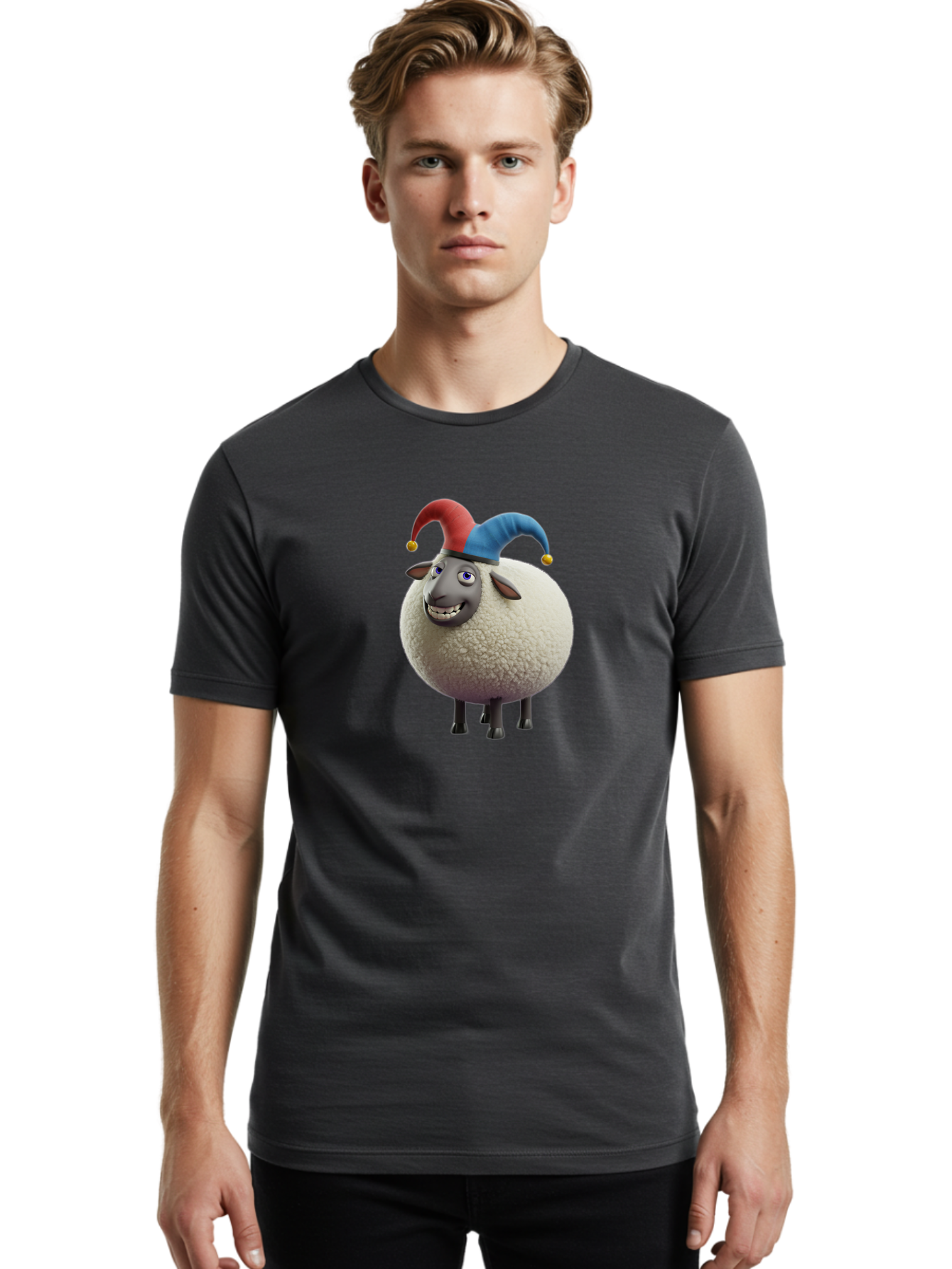 Shaun-The-Sheep-Jester-Hat Men'S Graphic Tee, 100% Cotton, Comfortable Casual Summer Wear, Machine Washable, Cartoon Sheep, Funny Character, Jester Hat, Red And Blue Hat, Animated Animal, Sheep Character, Humorous Illustration, Playful Design Bad539
