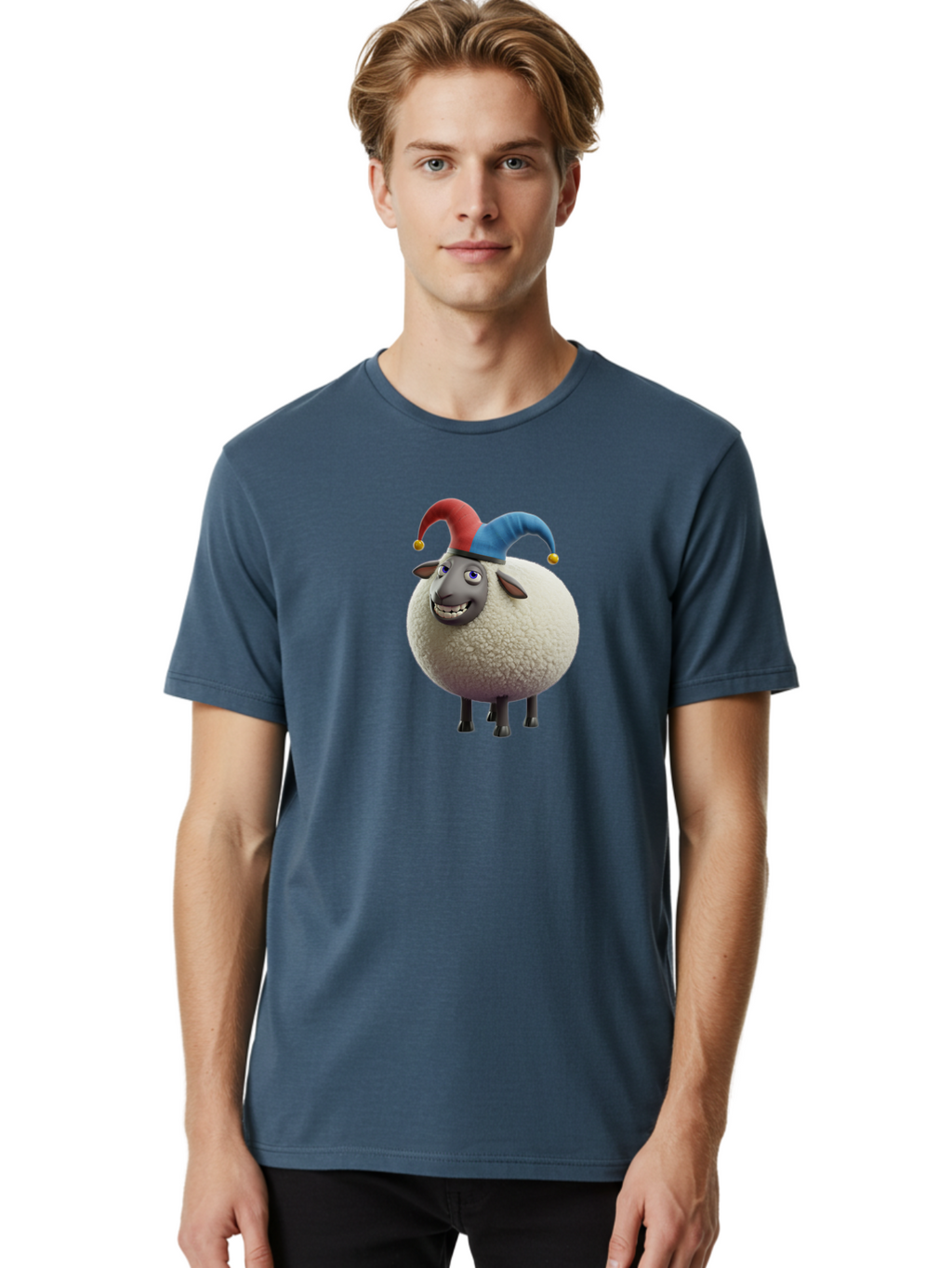 Shaun-The-Sheep-Jester-Hat Men'S Graphic Tee, 100% Cotton, Comfortable Casual Summer Wear, Machine Washable, Cartoon Sheep, Funny Character, Jester Hat, Red And Blue Hat, Animated Animal, Sheep Character, Humorous Illustration, Playful Design Bad539