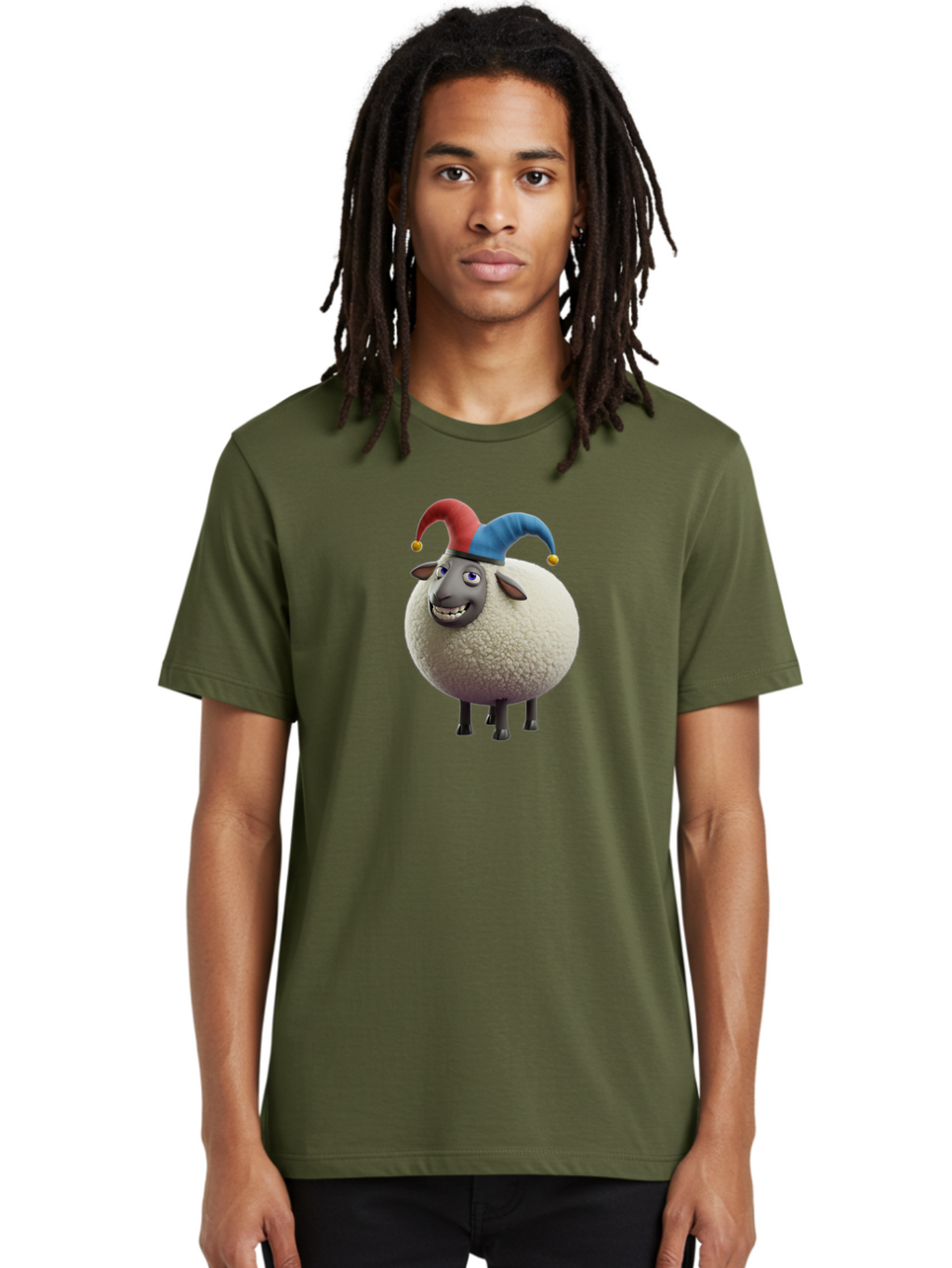 Shaun-The-Sheep-Jester-Hat Men'S Graphic Tee, 100% Cotton, Comfortable Casual Summer Wear, Machine Washable, Cartoon Sheep, Funny Character, Jester Hat, Red And Blue Hat, Animated Animal, Sheep Character, Humorous Illustration, Playful Design Bad539