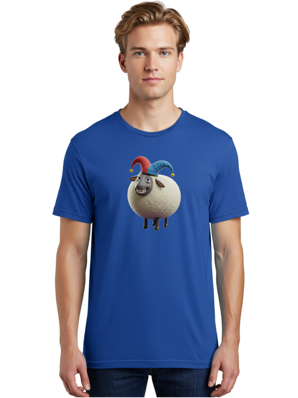 Shaun-The-Sheep-Jester-Hat Men'S Graphic Tee, 100% Cotton, Comfortable Casual Summer Wear, Machine Washable, Cartoon Sheep, Funny Character, Jester Hat, Red And Blue Hat, Animated Animal, Sheep Character, Humorous Illustration, Playful Design Bad539