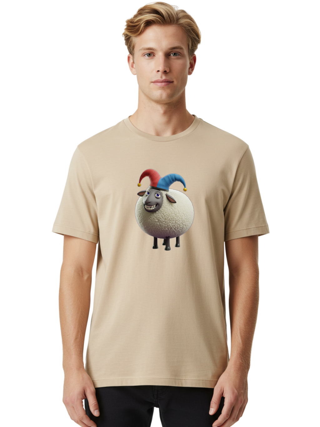 Shaun-The-Sheep-Jester-Hat Men'S Graphic Tee, 100% Cotton, Comfortable Casual Summer Wear, Machine Washable, Cartoon Sheep, Funny Character, Jester Hat, Red And Blue Hat, Animated Animal, Sheep Character, Humorous Illustration, Playful Design Bad539