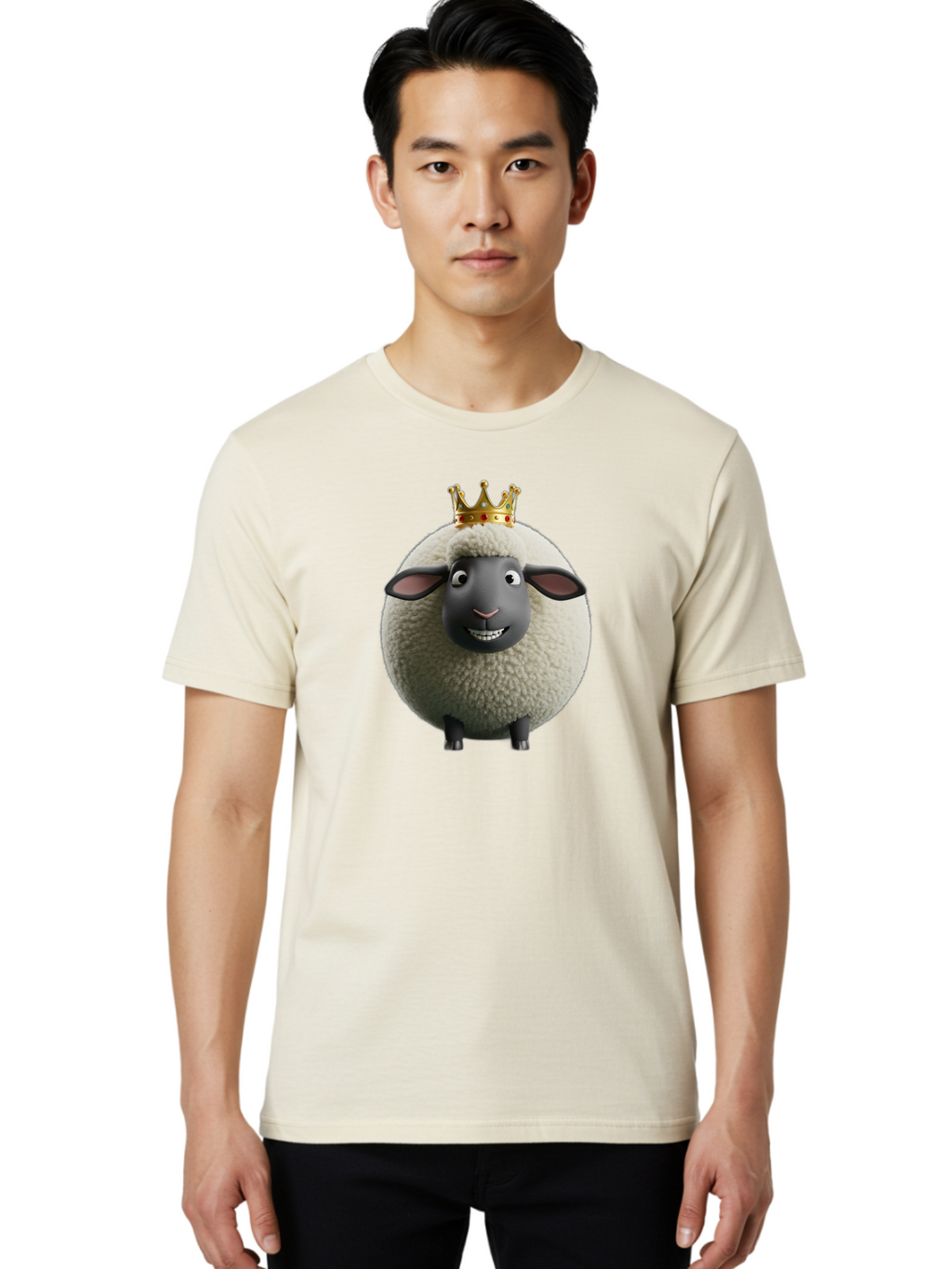 Shaun-The-Sheep-King Men'S Graphic Tee, 100% Cotton, Comfortable Casual Summer Wear, Machine Washable, Cartoon Sheep, Fluffy Sheep, Sheep Wearing Crown, Shaun The Sheep, Comedy Character, Funny Animal, Cute Sheep, Stop Motion Character, Bad540
