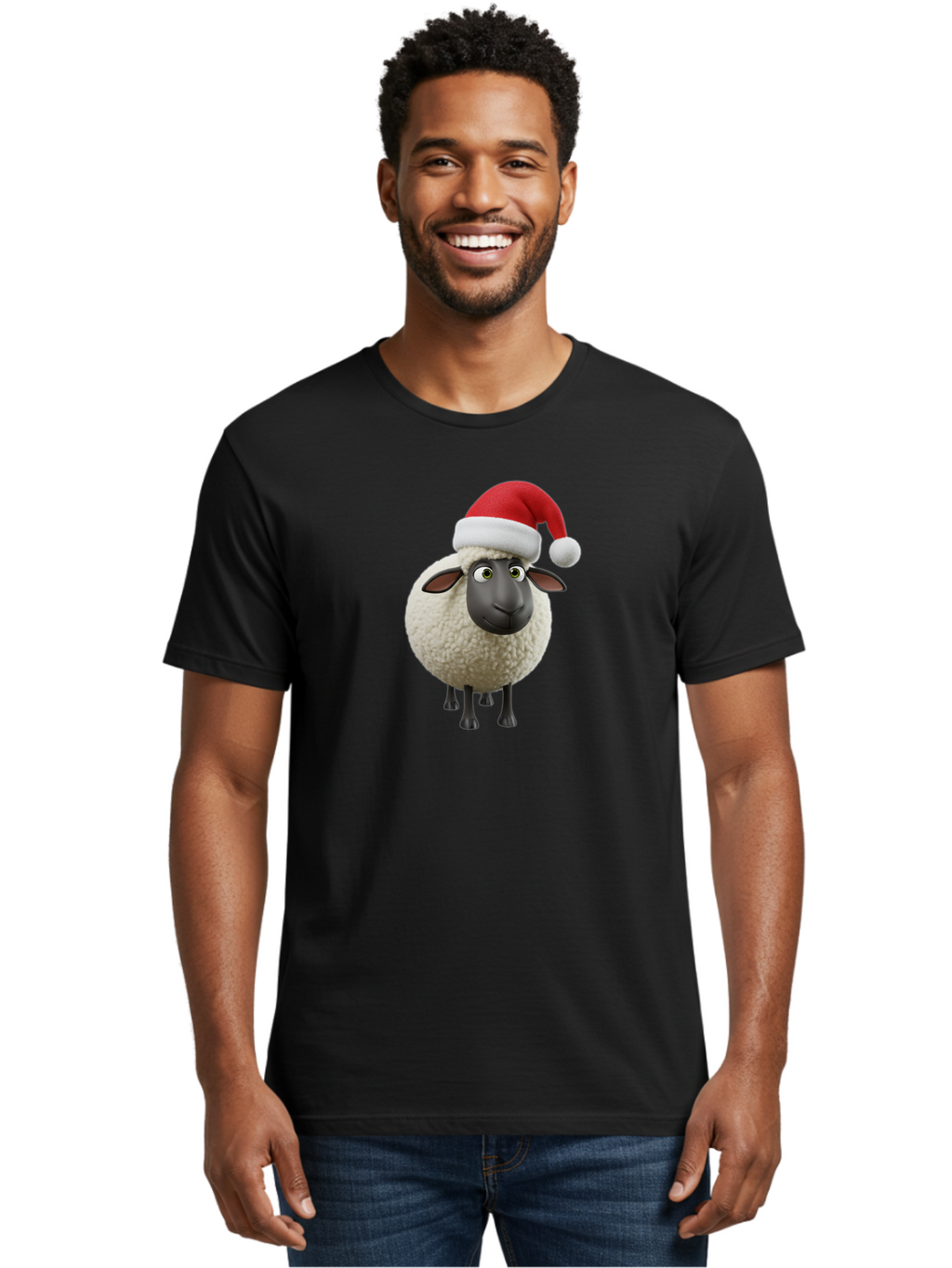 Shaun-The-Sheep-Santa-Hat Men'S Graphic Tee, 100% Cotton, Comfortable Casual Summer Wear, Machine Washable, Shaun The Sheep, Christmas Sheep, Santa Hat Sheep, Festive Cartoon Character, Holiday Fun, Animated Sheep, Merry Christmas, Bad541